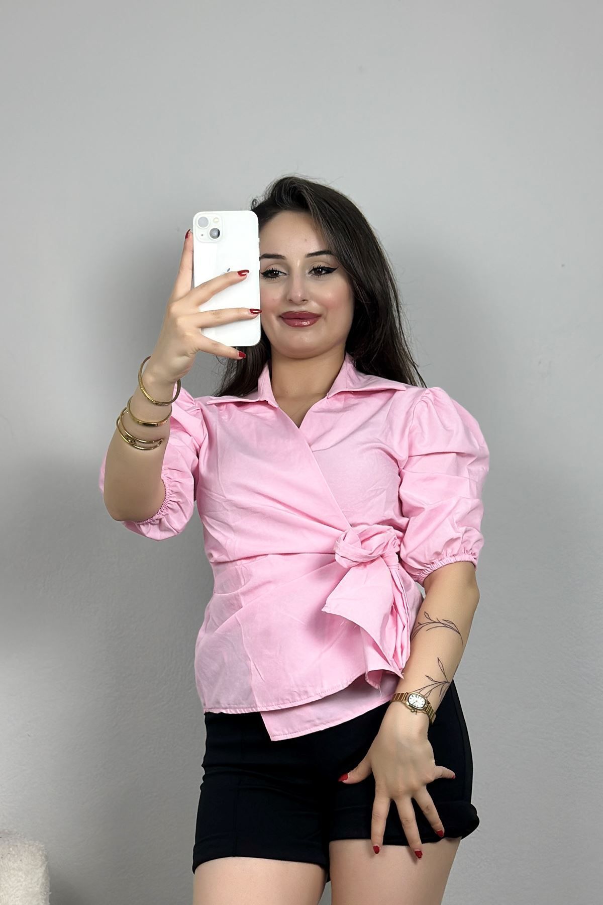 Fashi10 Yandan Bağlamalı Gömlek Pembe