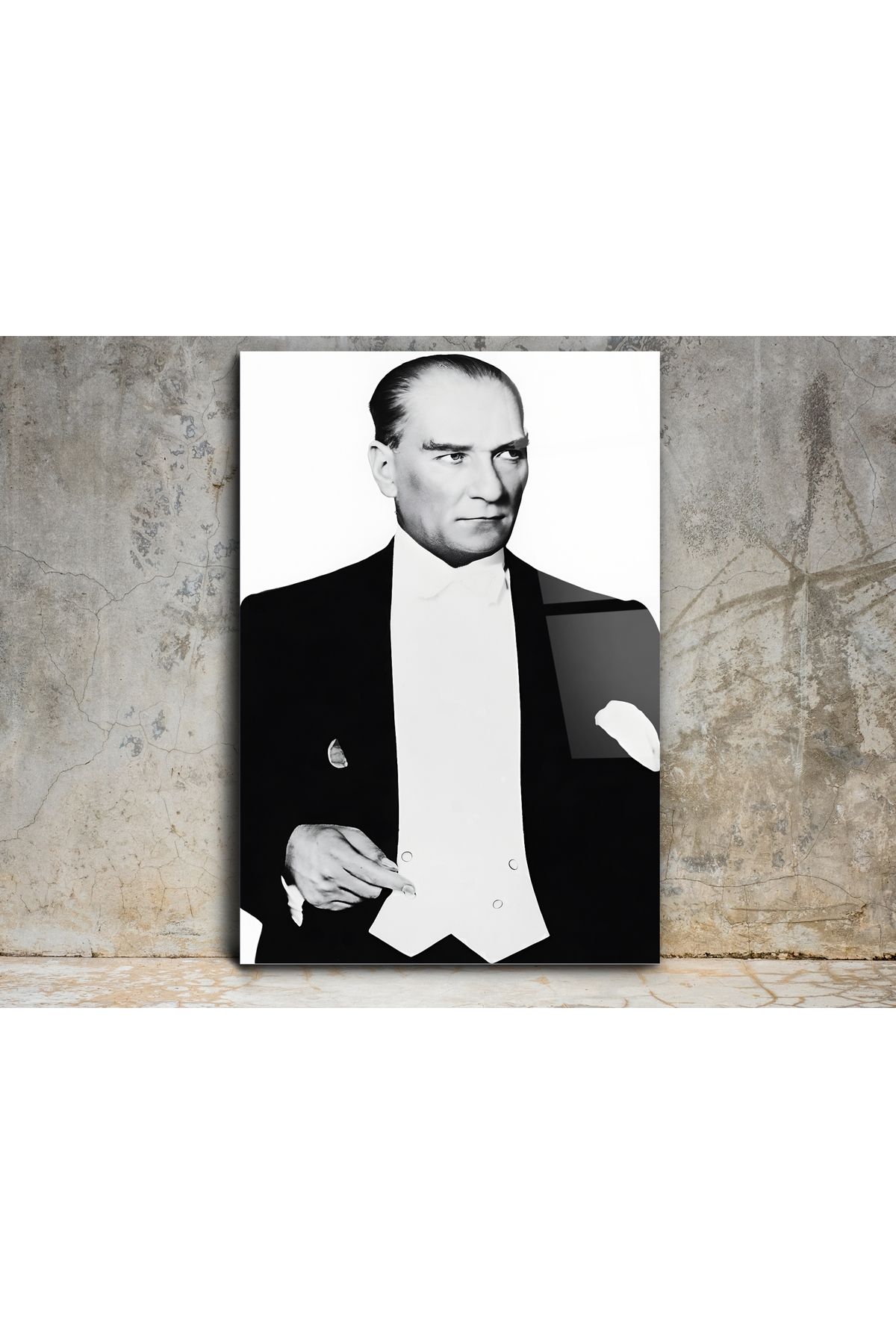 Pixel Decoration Mustafa Kemal Atatürk Siyah Beyaz Portre Cam Tablo - Atatürk Tablosu - Modern Ev ve Ofis Dekoru