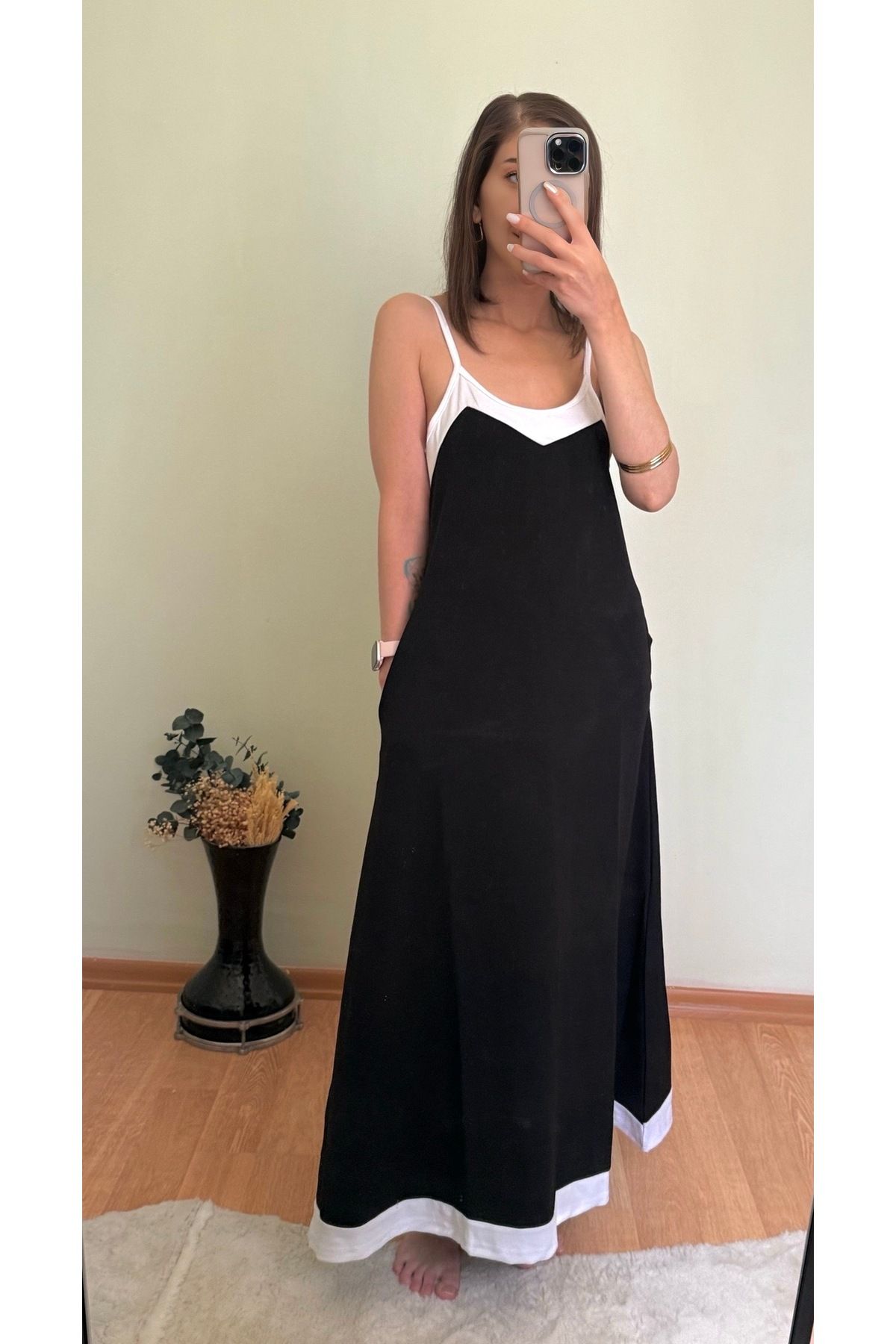 CCTWEAR İp Askılı V Yaka Çift Renkli Krep Elbise