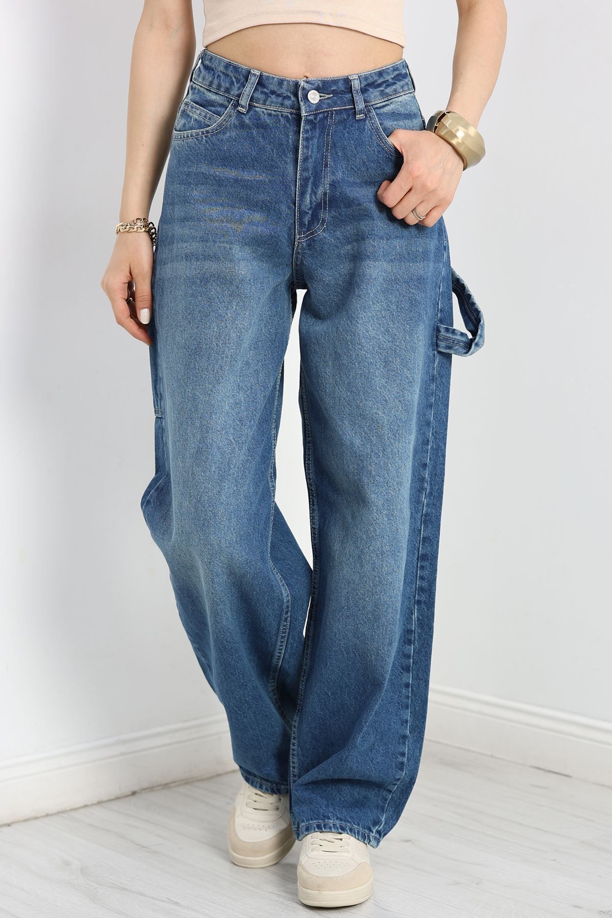 Fashi10 Carpenter Detaylı Baggy Kot Pantolon Mavitint