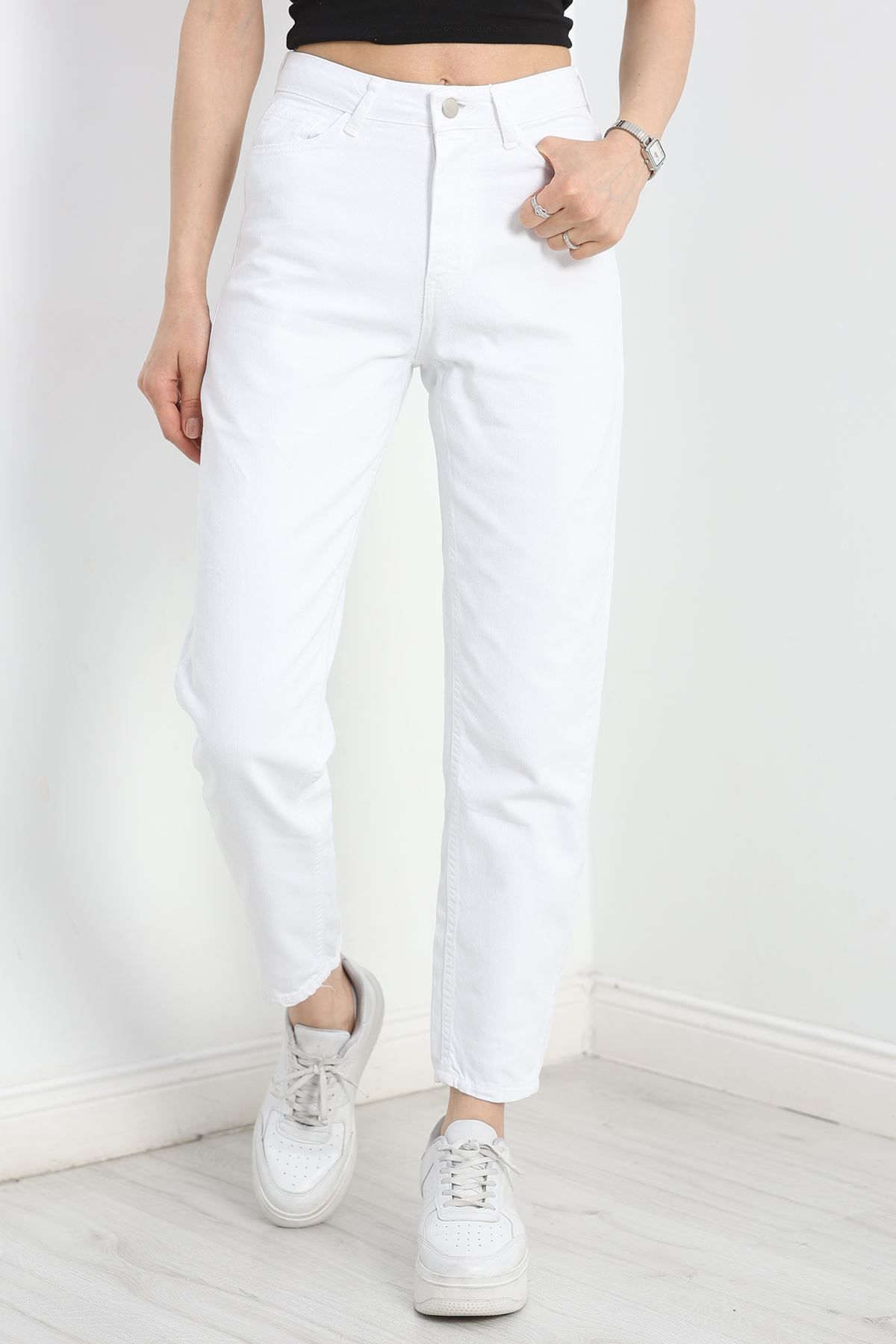 Fashi10 Mom Kot Pantolon Beyaz