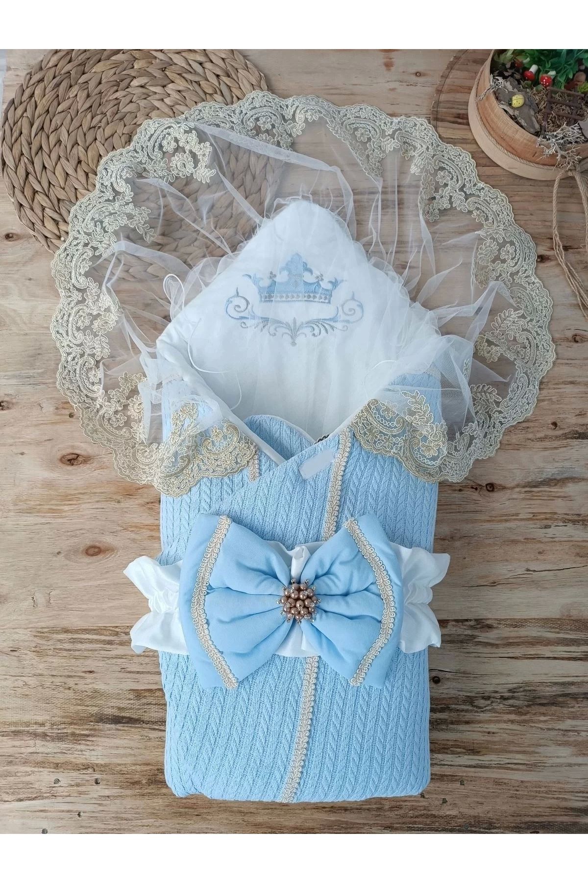 Haye Collection Yenidoğan Tericotton Örgülü Trilüx Bebek Battaniyesi Kundak Mavi