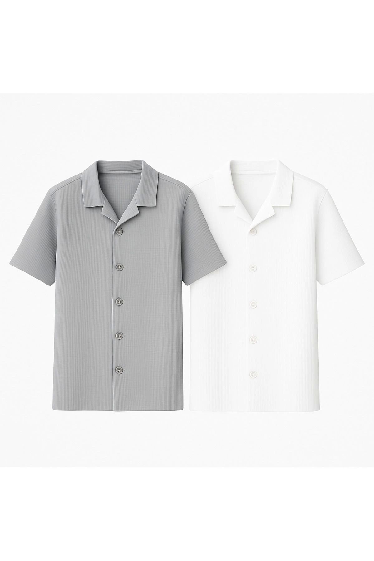 Store Waffle Desenli Slim Fit Erkek Çocuk Kısa Kollu Gömlek 2'li Paket