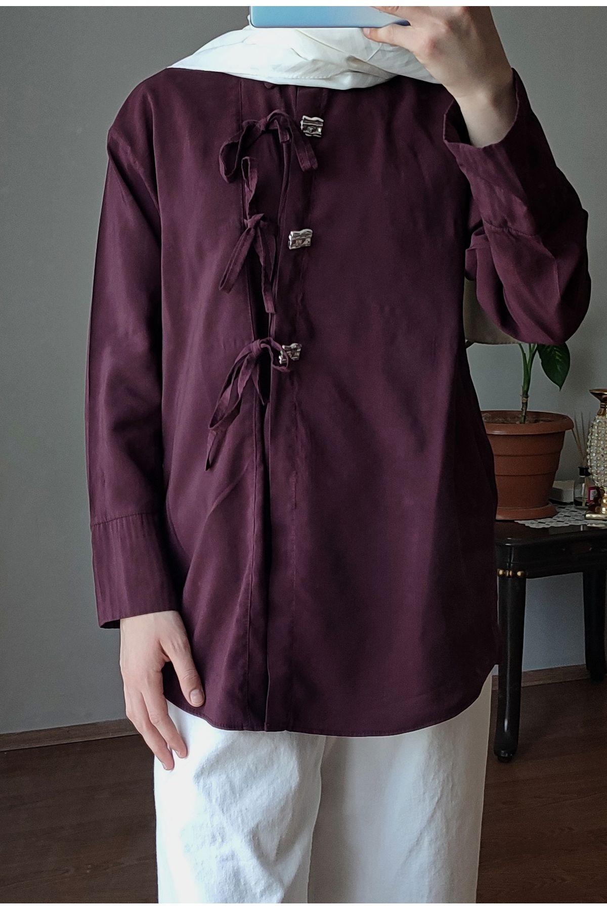RİMA Bordo Bağcık Detaylı Gömlek