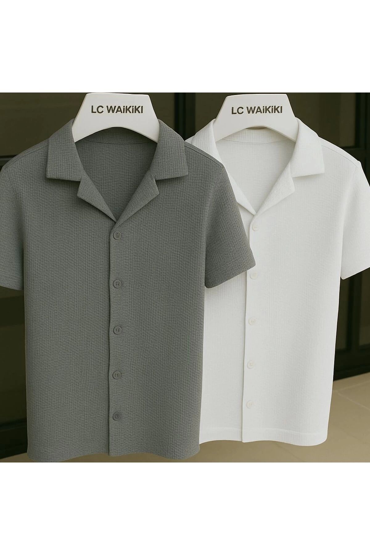 LC Waikiki 2 li Avantajlı Paket %100 Pamuk Kısa Kol Düğmeli Premium Erkek Waffle Gömlek