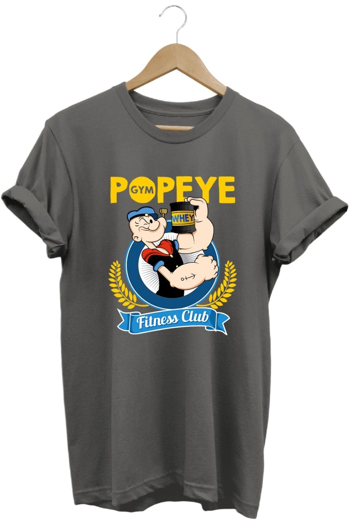 hobidünyam- Temel Reis Popeye Gym Baskılı %100 Pamuk Basic T-shirt Normal Beden Tişört