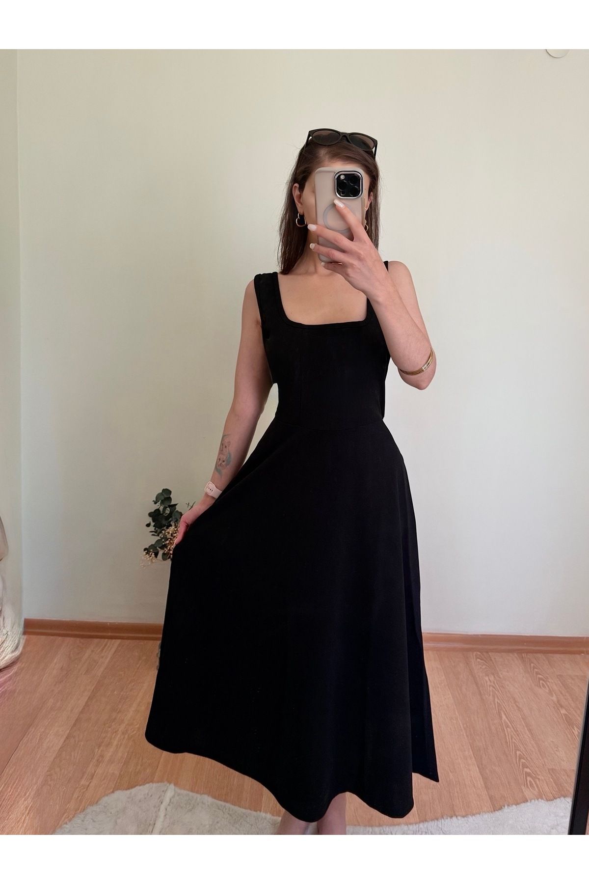 CCTWEAR Askılı Kare Yakalı Midi Krep Elbise