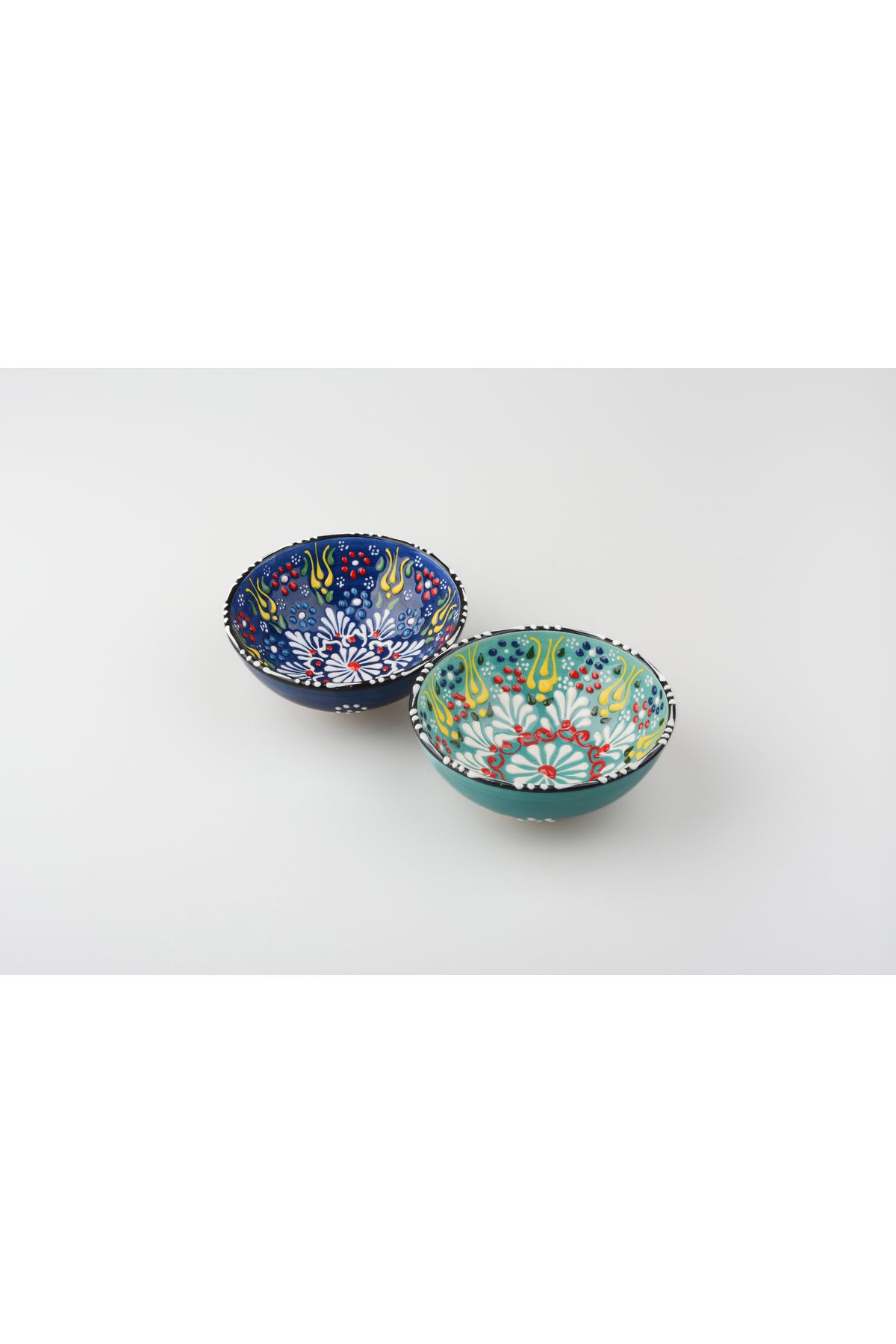 ADEN LİNA ART WORKSHOP 2Adet El Yapımı Su Yeşili-Lacivert Lale Motifli Orta Boy (10cmÇapında) Seramik Kase Takımı-Hand Made
