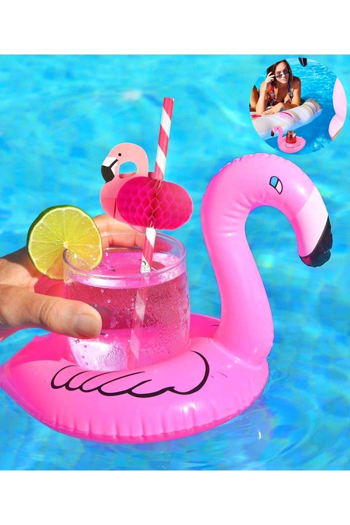 AboutThePerfect Şişme Yüzen Bardak Tutucu Flamingo, Deniz ve Plaj İçin Eğlenceli ve Renkli Tasarım
