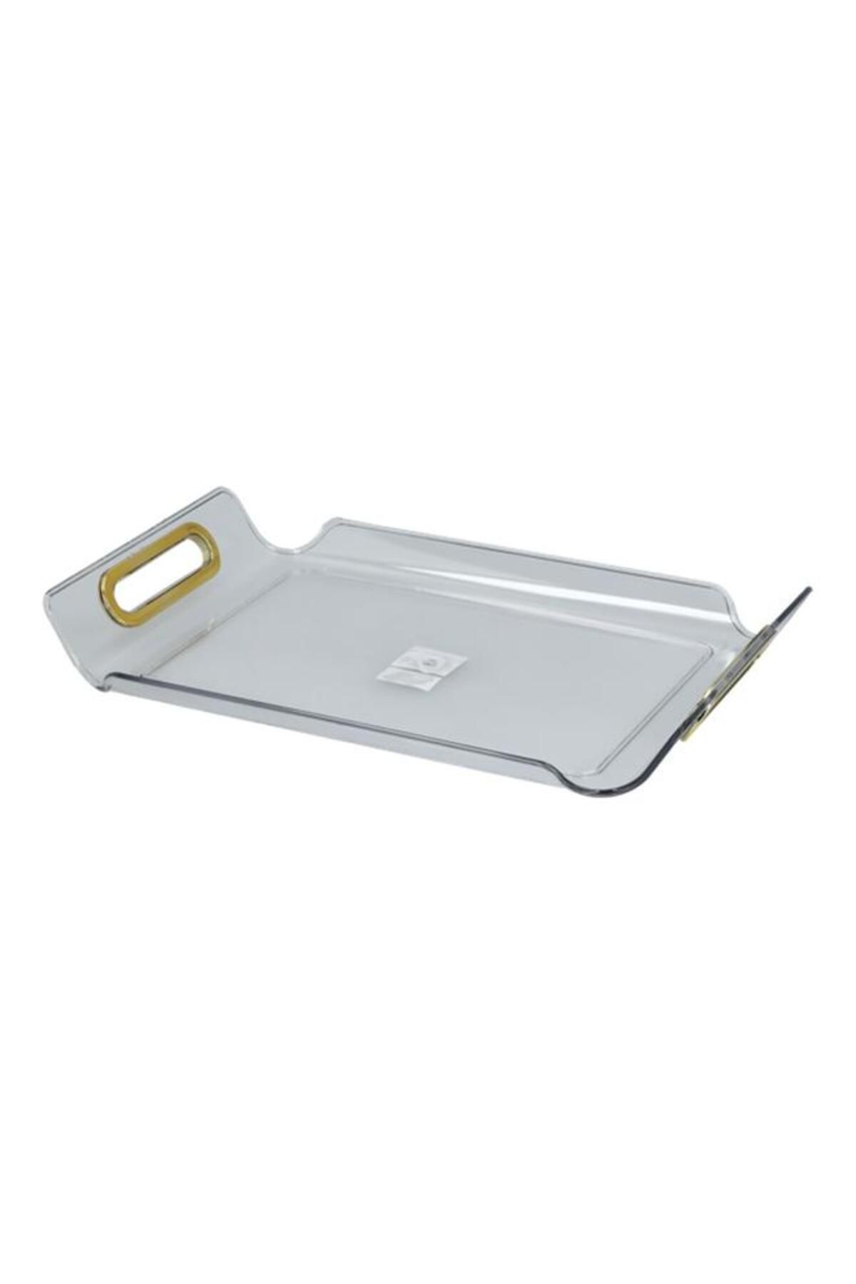 Generic-Felli Rectangular Raised Edge Serving Tray with Handle Clear and Gold Medium Y1K150048-CL 2