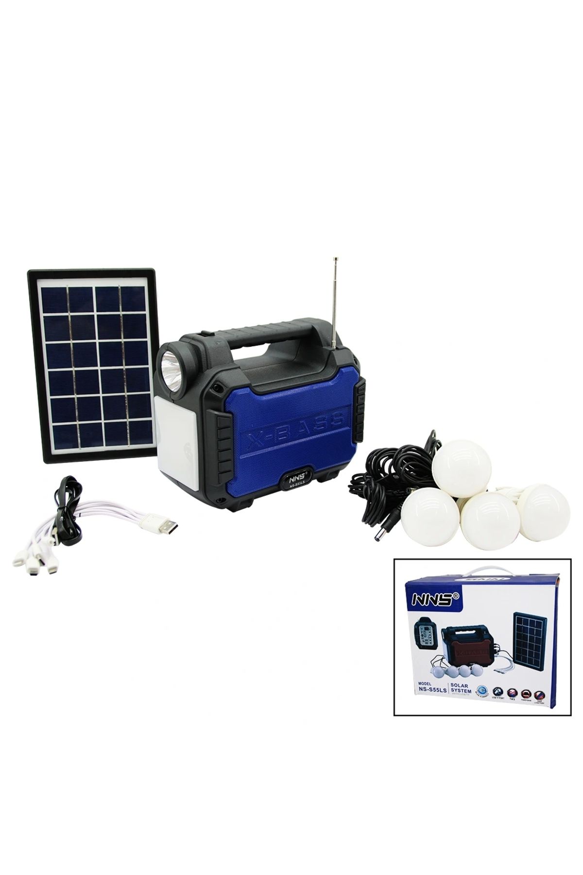 HAZEGO 3ın1 - Solar 2in1 Sabit El Feneri - Radyo - Mp3 Bluetooth - Usb/ Tf Port - 4 Parça Ampul Kablolu -