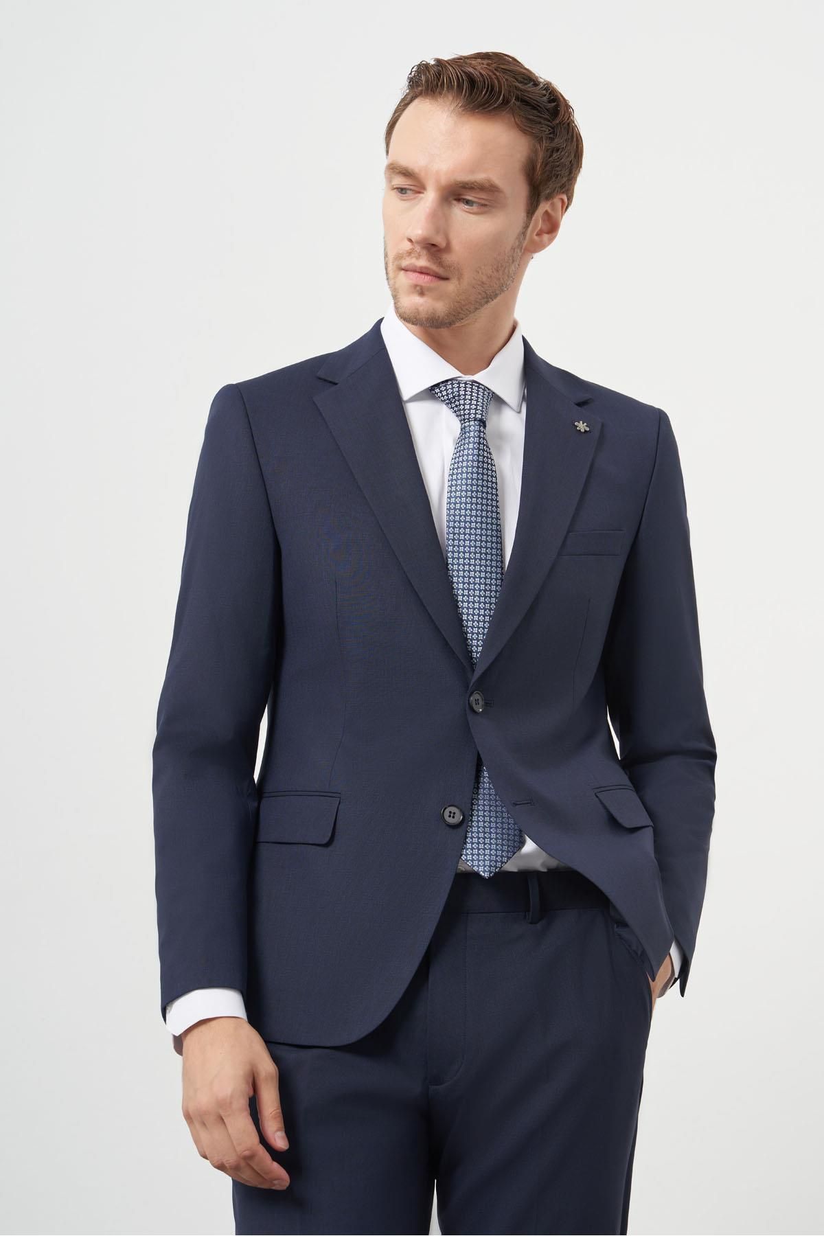 Morven Erkek Lacivert Yün Slim Fit Mono Yaka Takım Elbise