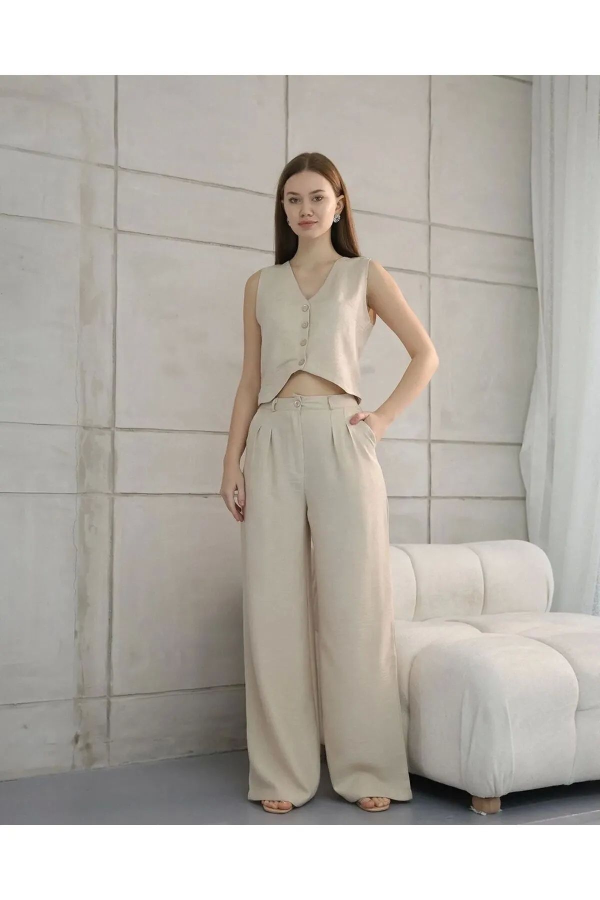 GENCULUS Rahat Form Yelekli Pantolon Takım Modern Fit Keten Takım
