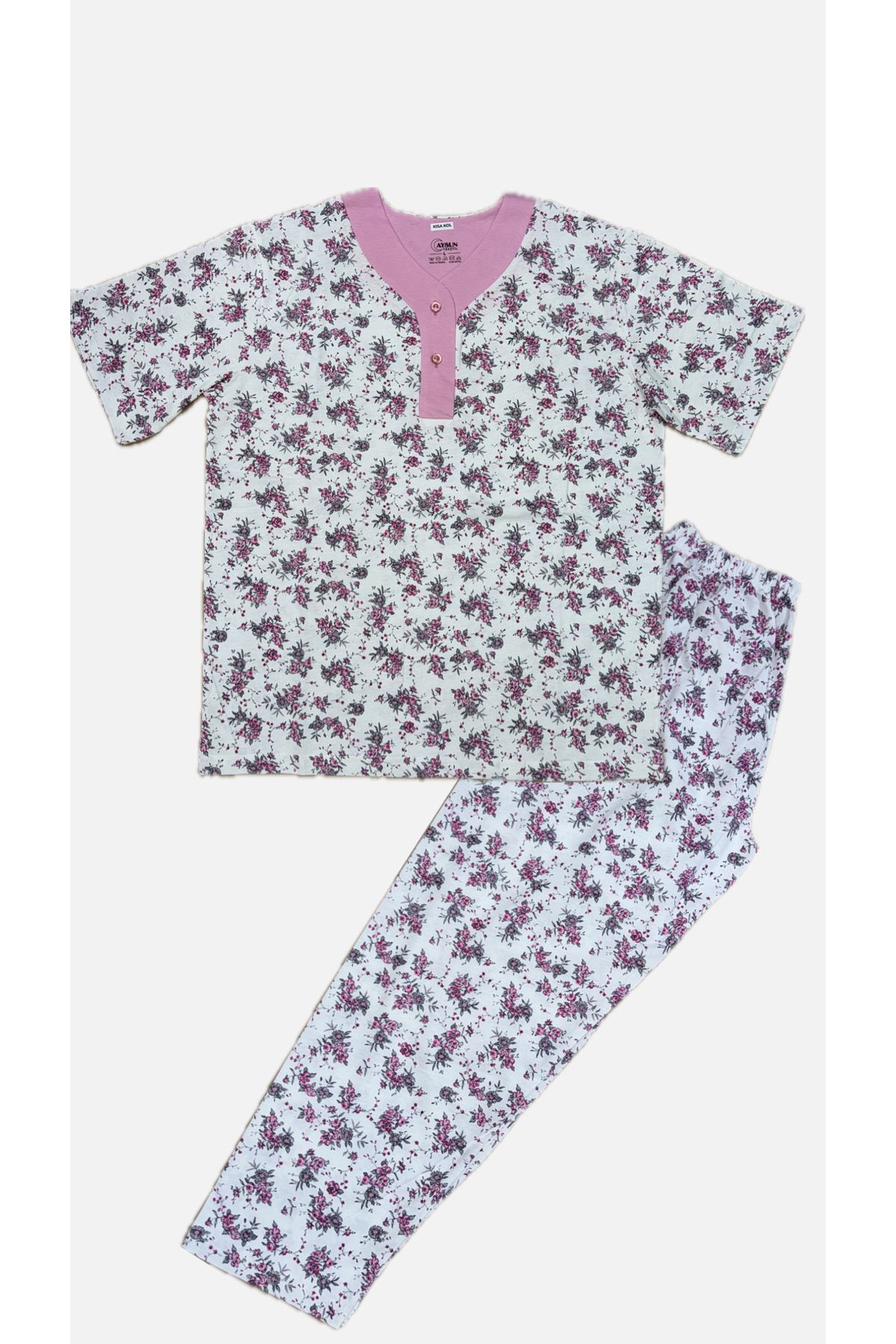AYSUN TEKSTİL Kalitesinde Kısa Kol Pamuklu Geniş Kesim Patlı Yaka Pembe Anne Pijama Takım