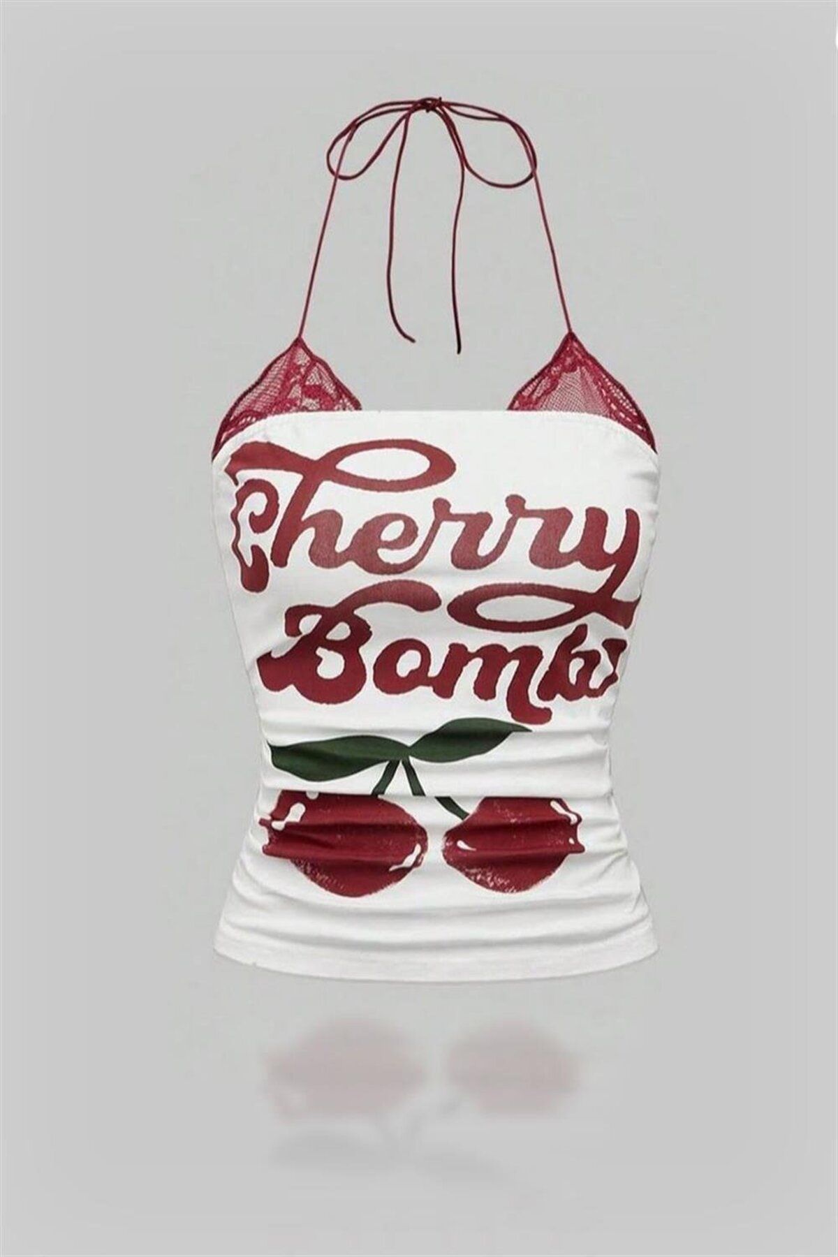 Karakedi Beyaz Cherry Bomb Dantelli Ek Y2K Askılı Crop