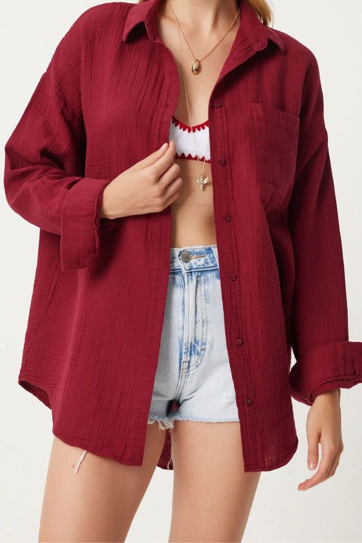 Mogi Butik Kadın Cepli Oversize Basic Müslin Gömlek 3079