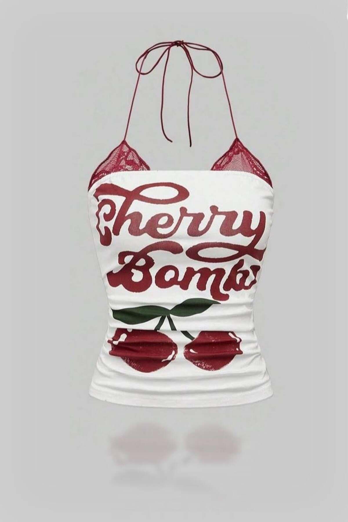 Karakedi Beyaz Cherry Bomb Dantelli Ek Y2K Askılı Crop