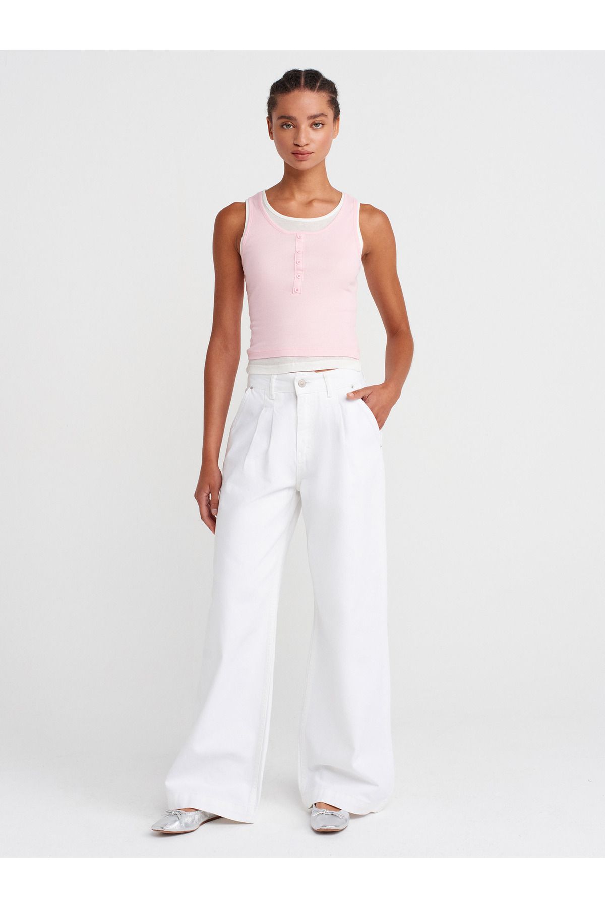 Dilvin-21102 Double Layer Buttoned Top-Powder Pink 4