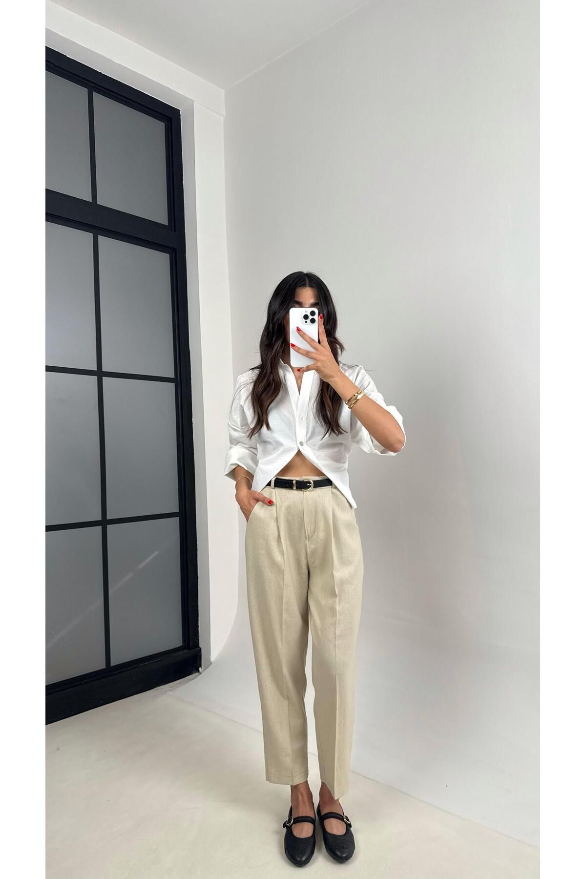 Gaus Taş Kemerli Cepli Premium Keten Pantolon Gaus00513