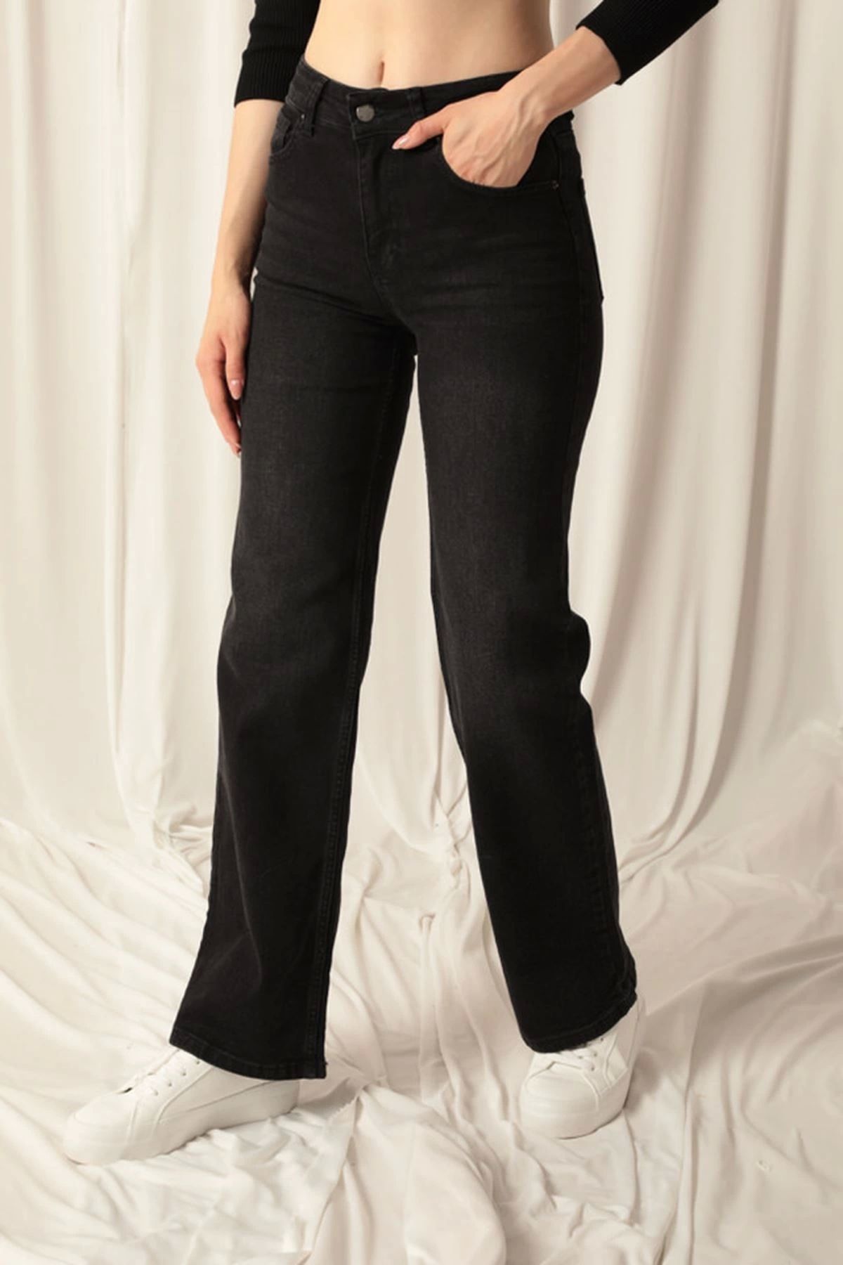 KEREM YAPI MARKET Denim Kumaş Wide Leg Kadın Siyah Kot Pantolon