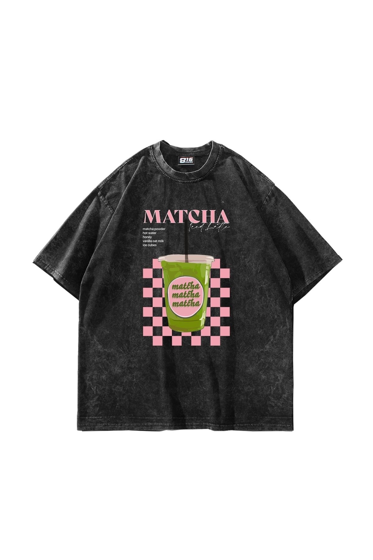 Sekizbiraltı Matcha Iced Latte Baskılı Oversize Unisex Yıkamalı Siyah Tshirt