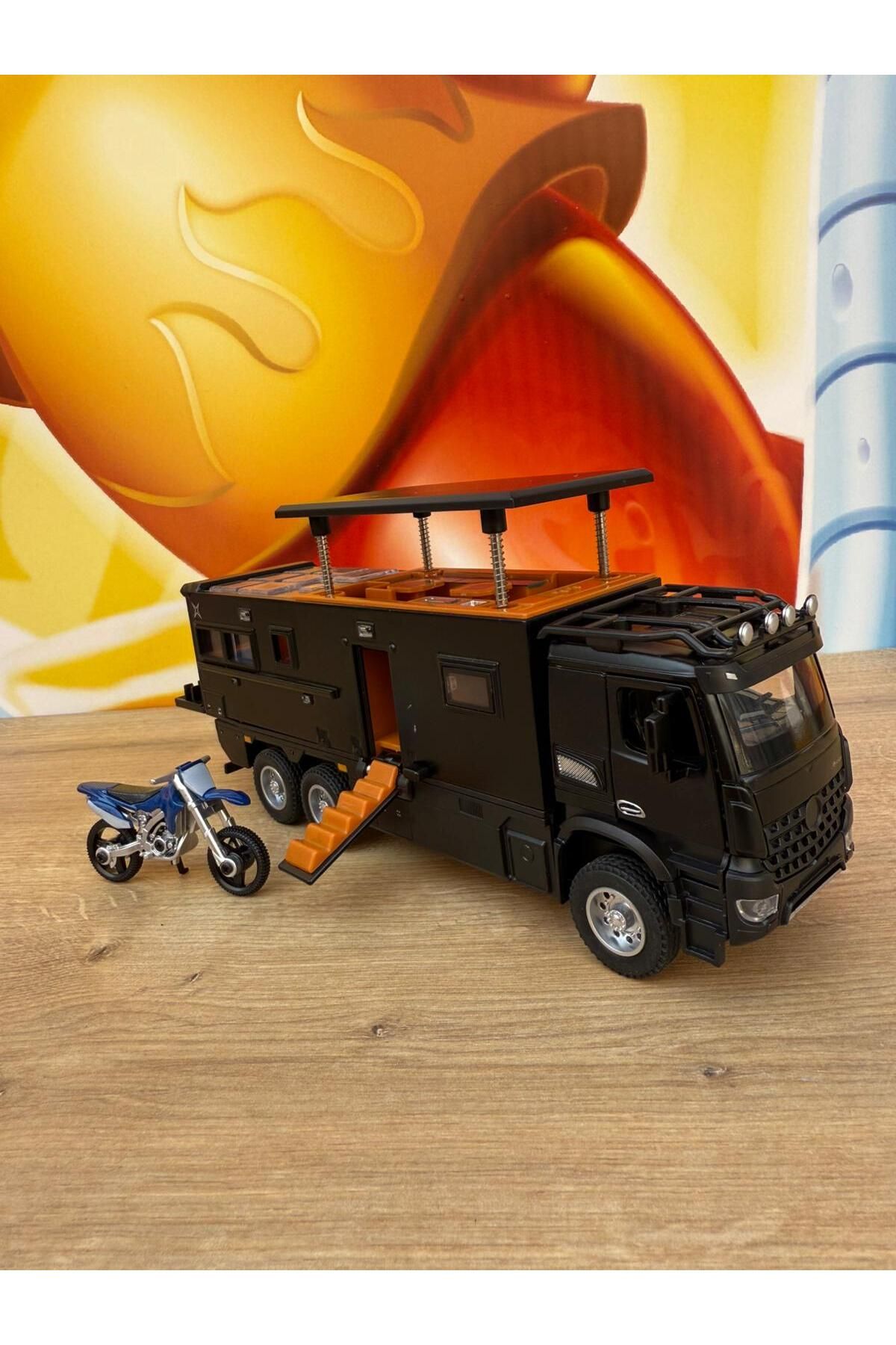 scntoys Mercedes Tır Kamyon Karavan Model Metal Motorlu Işıklı Sesli 23 Cm Siyah Oyuncak Mercedes Karavan
