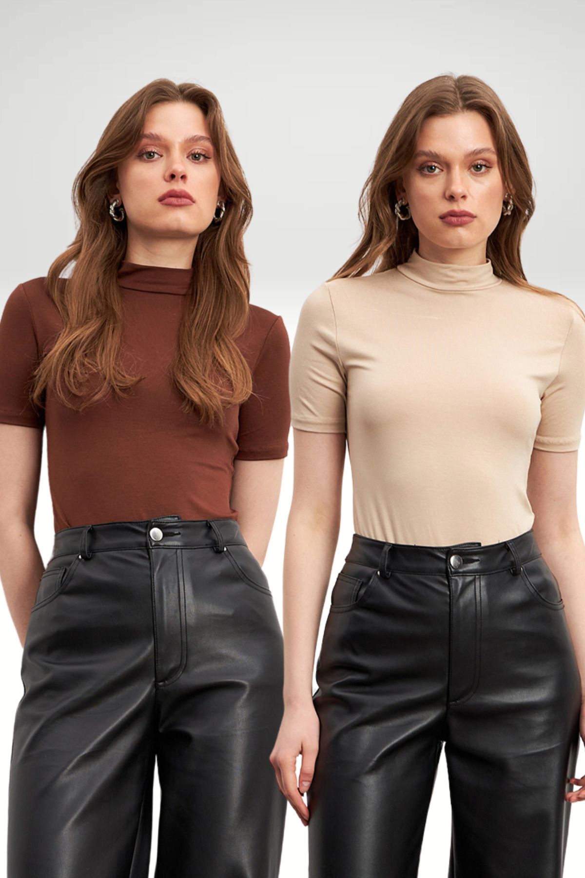Yefrastore Kadın 2'li Ekonomik Krem Acı Kahve Basic Kısa Kol Bluz