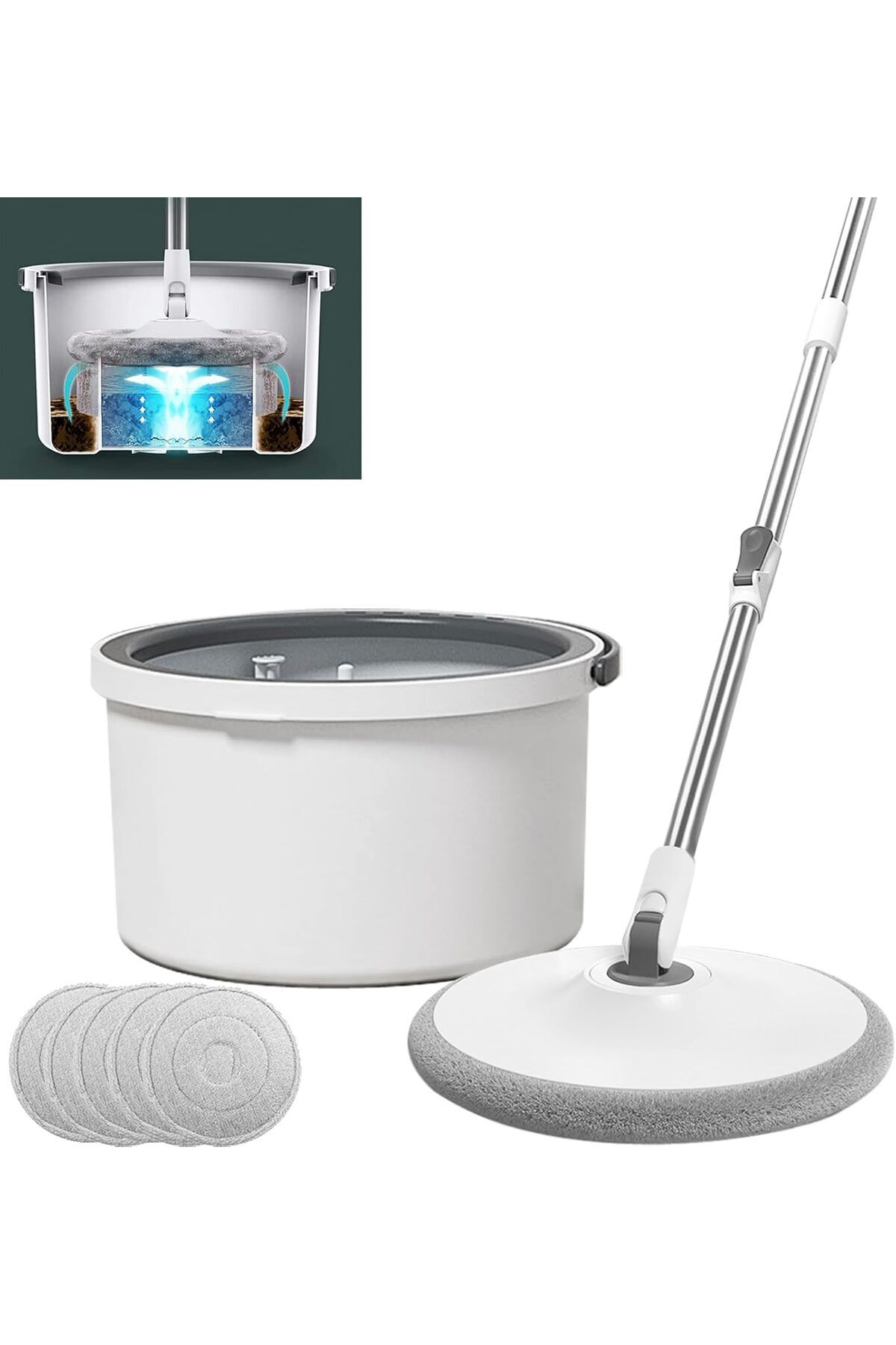 DESERT SPARK Mop Kovası Seti 360° Düz Mop, Kendiliğinden Ayıran Kirli ve Temiz Su Sistemi, 6 Adet Mikrofiber Ped