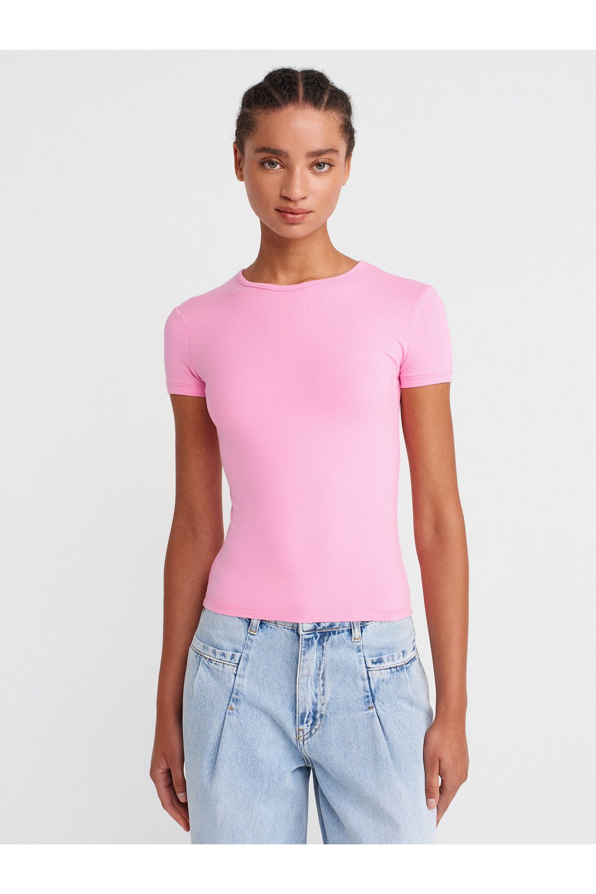 Dilvin 31906 Vücuda Oturan Kısa Kollu T-shirt-Pembe