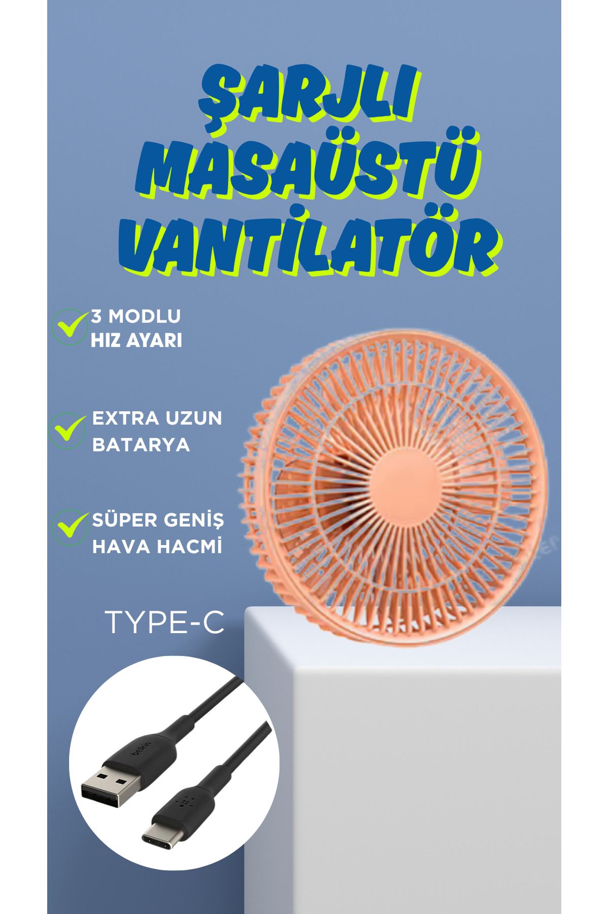 ESTRON Turuncu Masaüstü 3 Kademeli Usb Girişli Serinletici Mini Vantilatör Fan