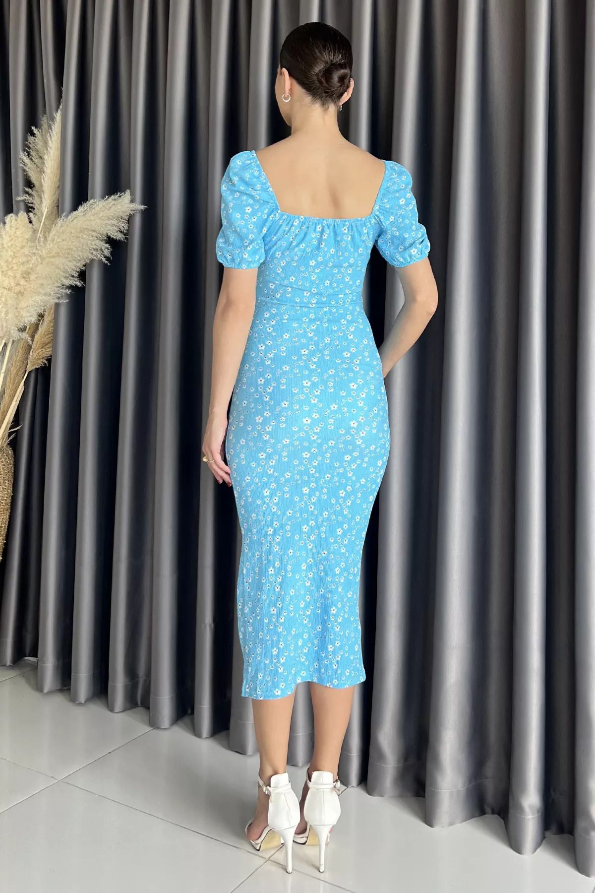 GÜLSELİ-Rochie de damă cu mâneci balon cu fantă albastră 3
