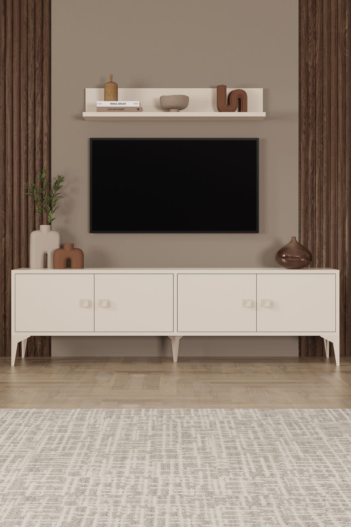 Happylife Furniture Design %100 MDF Tv Ünitesi Tv Sehbası Krem Rengi Raflı Dolaplı Tv Ünütesi 180 Cm