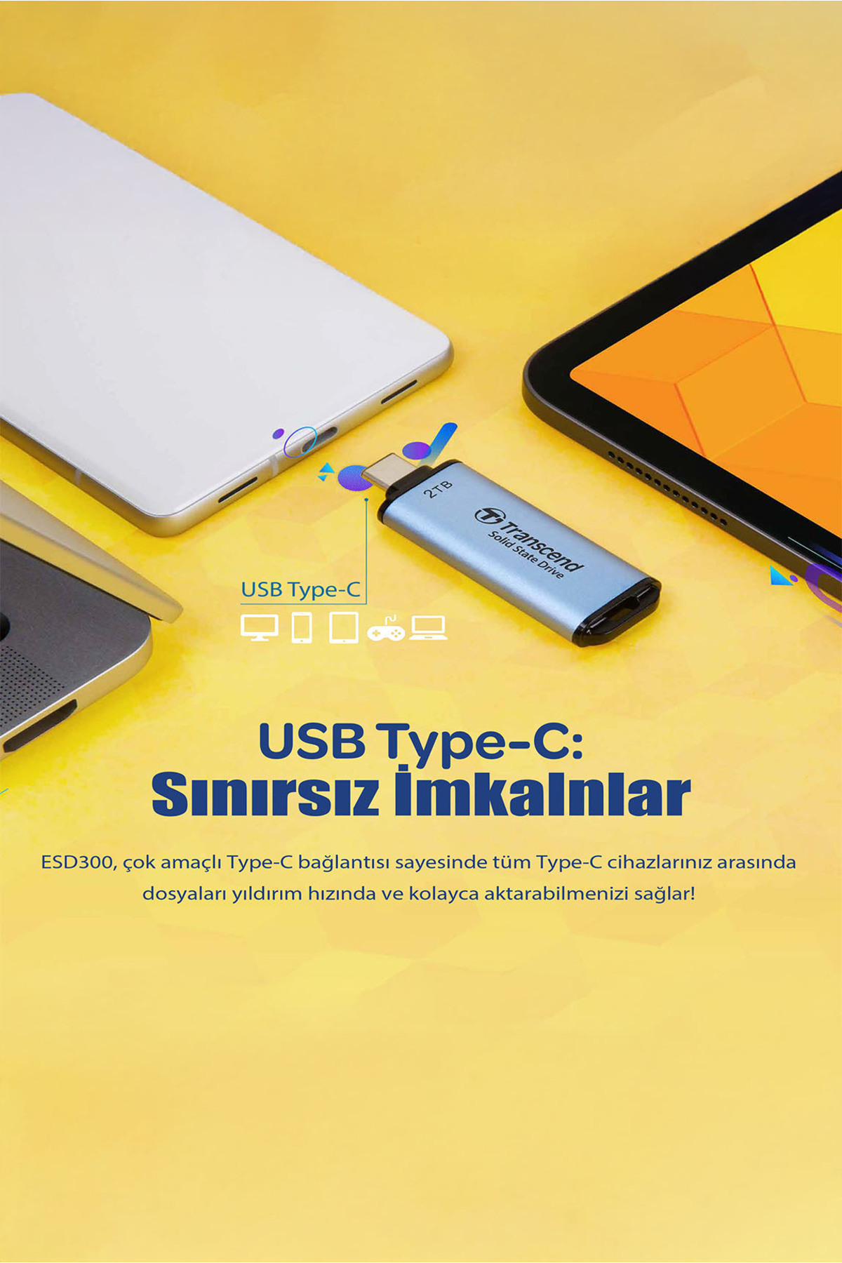 Transcend-TS2TESD300C 2 تيرابايت USB/Type-C 10 جيجابت في الثانية 1050/950 ميجابايت/ثانية SSD خارجي محمول - أزرق 4