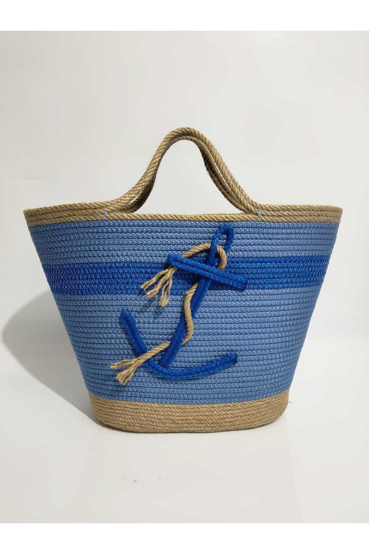 Ezo Beach Handmade Kadın Omuz Çantası, Mavi El yapımı Plaj Çantası, Hediyelik Çapa Desenli Çanta