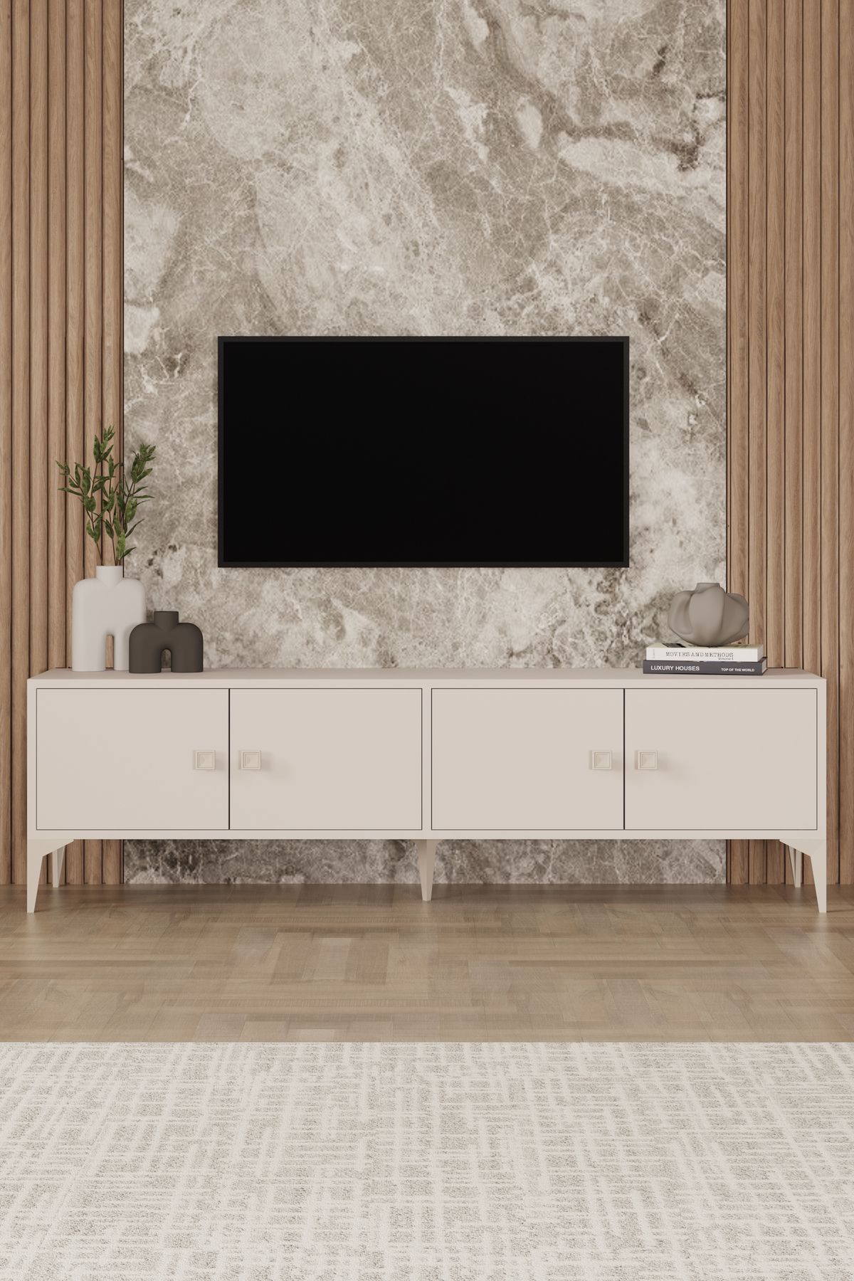 Happylife Furniture Design %100 Mdf Tv Ünitesi Tv Sehbası Krem Rengi Dolaplı Tv Ünütesi 180 Cm