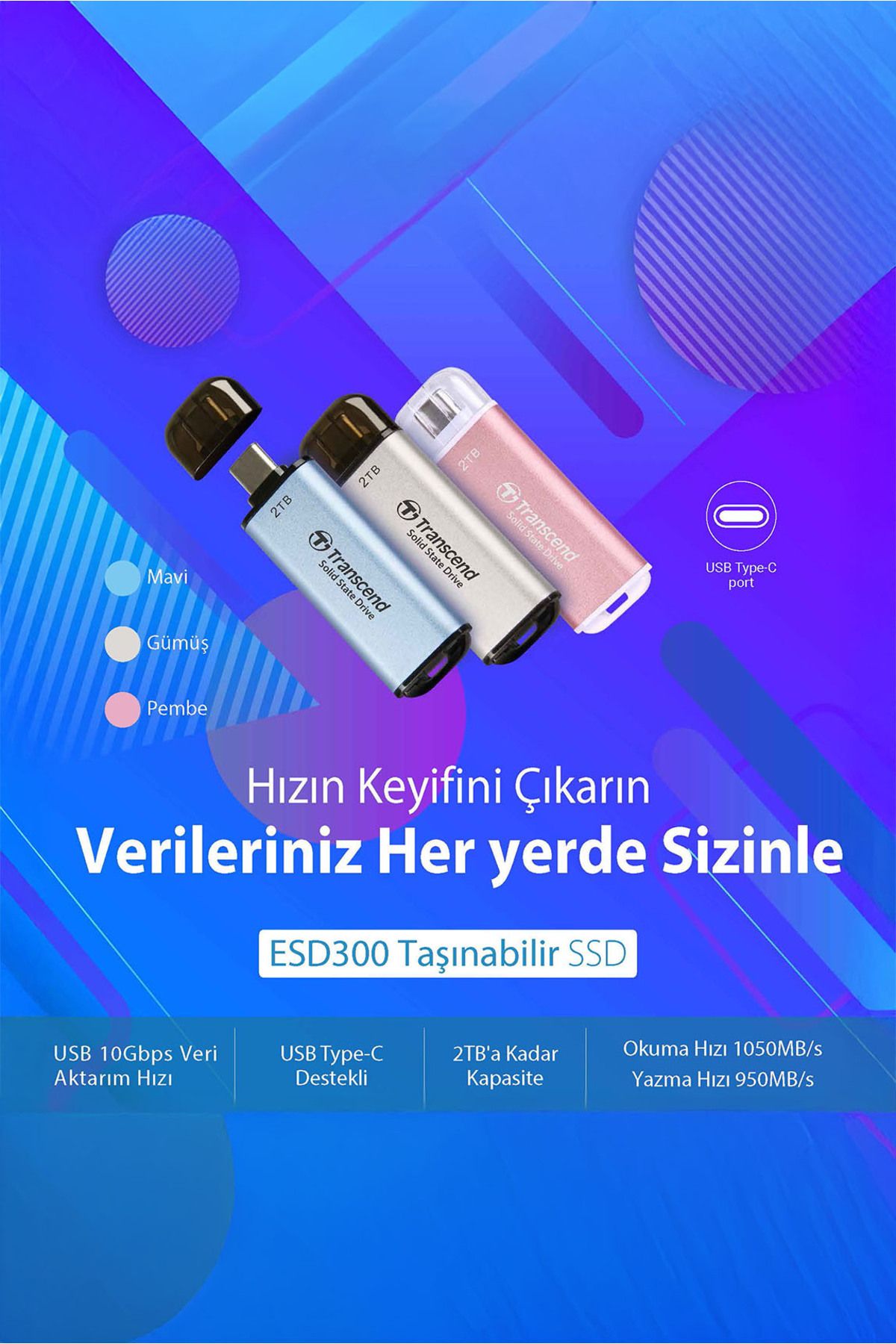 Transcend-TS2TESD300C 2 تيرابايت USB/Type-C 10 جيجابت في الثانية 1050/950 ميجابايت/ثانية SSD خارجي محمول - أزرق 2