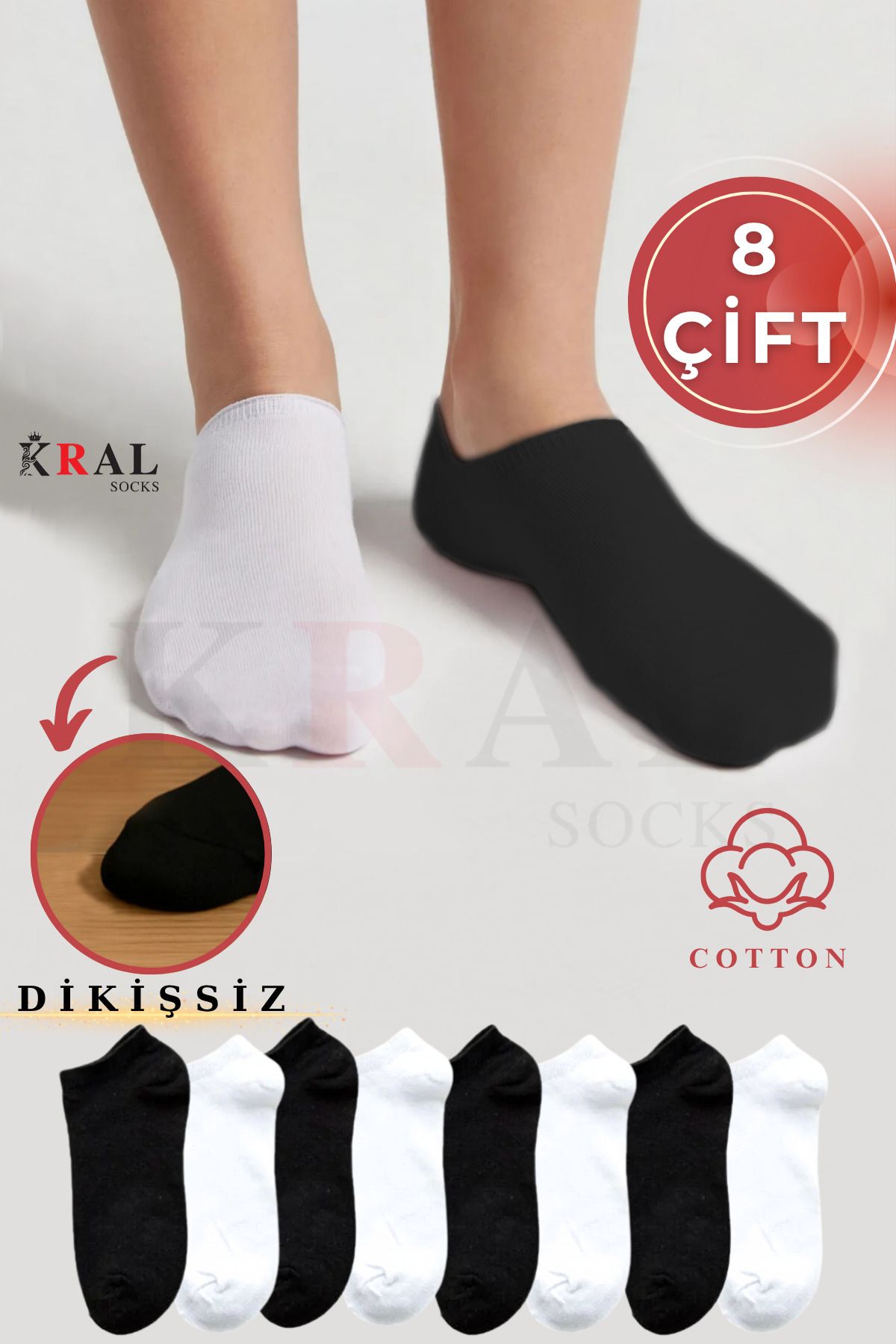 KRAL SOCKS Kadın - Erkek 8 Çift Cotton Dikişsiz Soft Görünmez Penye Patik Bilek Çorap