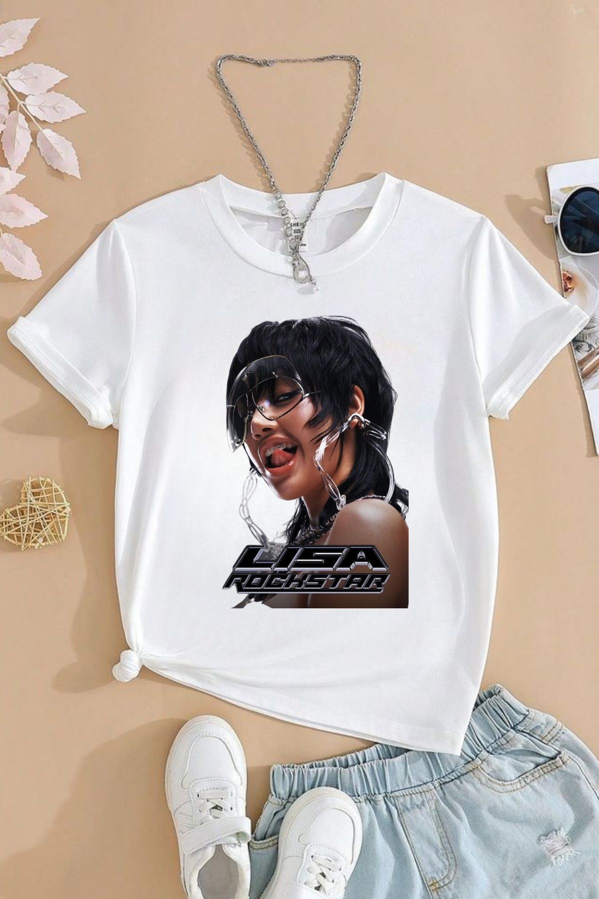 MECH BUTİK Lisa RockStar Baskılı Beyaz Kız Çocuk Tişört T-Shirt