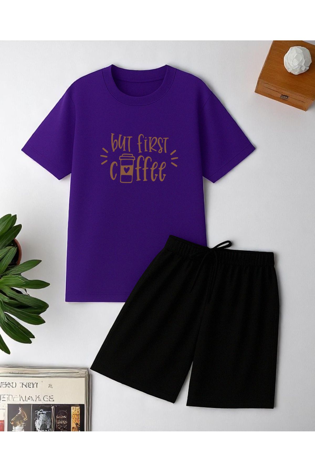 uyguntarz But First Coffee Baskı Şort Takım