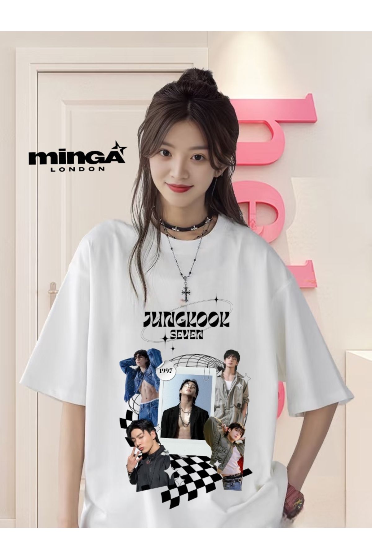 Minga London BTS Jungkook Seven Baskılı Beyaz Oversize Unisex Tshirt- Minga London