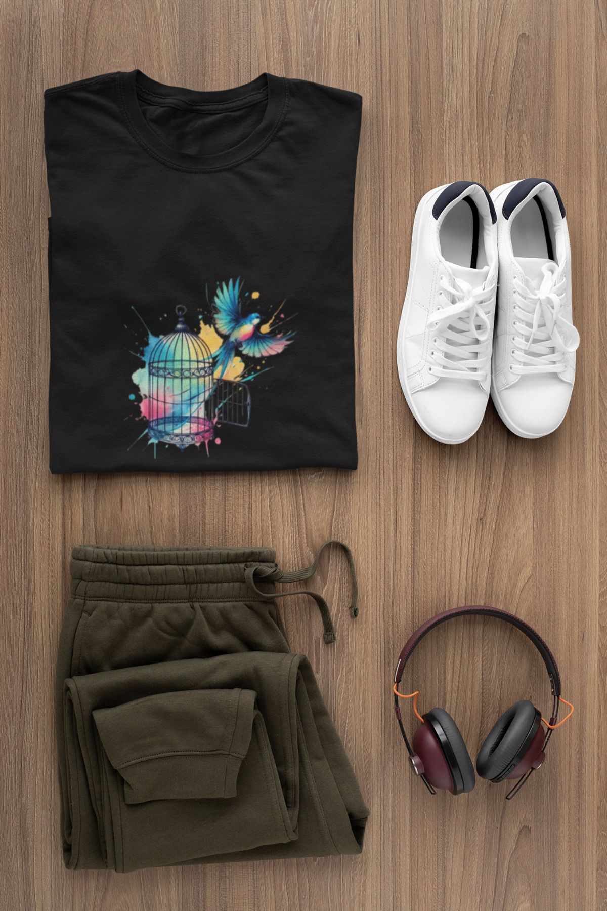 MAGORS KAFES BASKILI BİSİKLET YAKA PAMUKLU OVERSIZE KALIP KISA KOLLU KADIN VE ERKEK TSHIRT