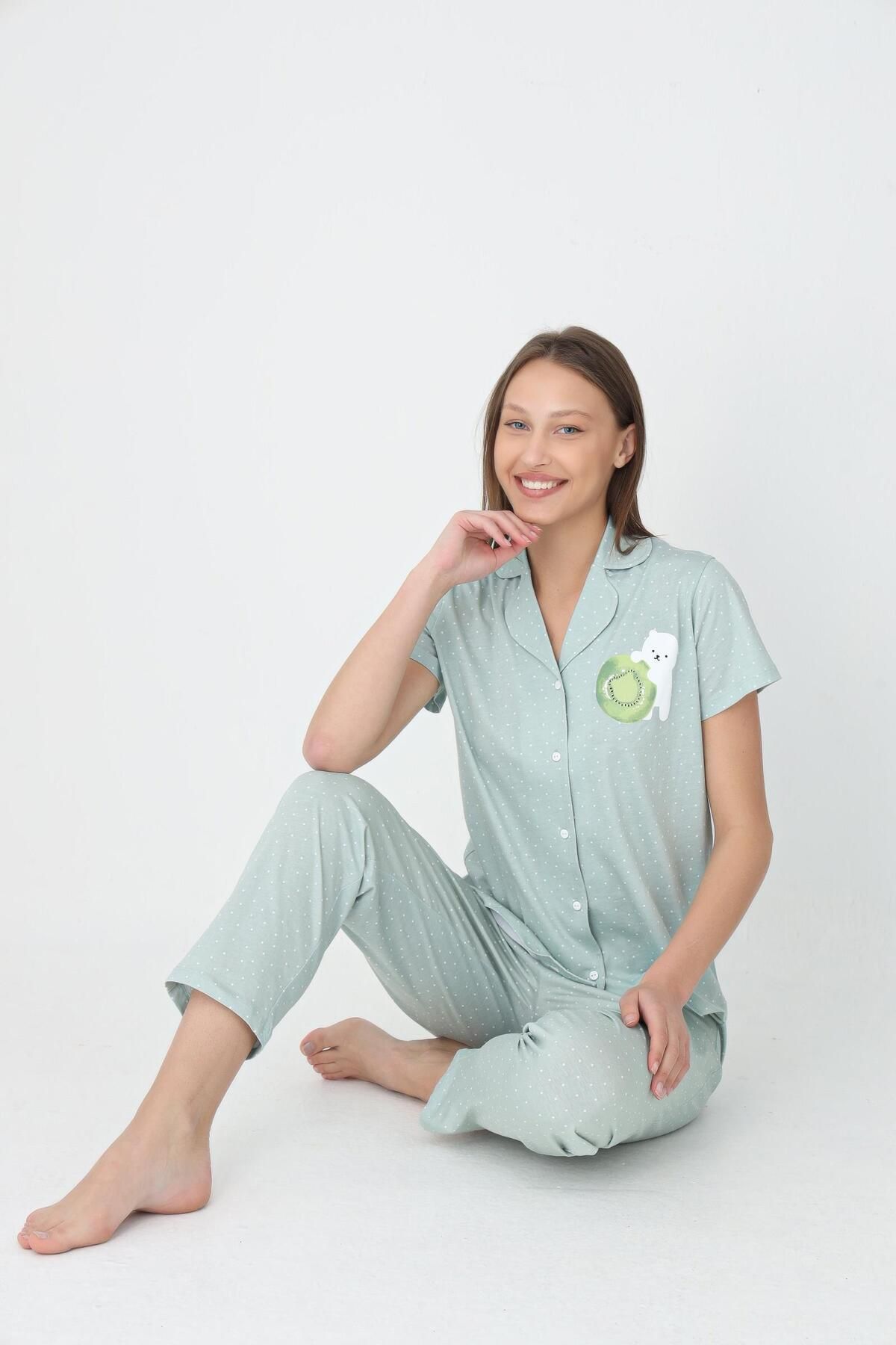 NBB Yeşil Önden Düğmeli Pijama Takım, %100 Pamuk