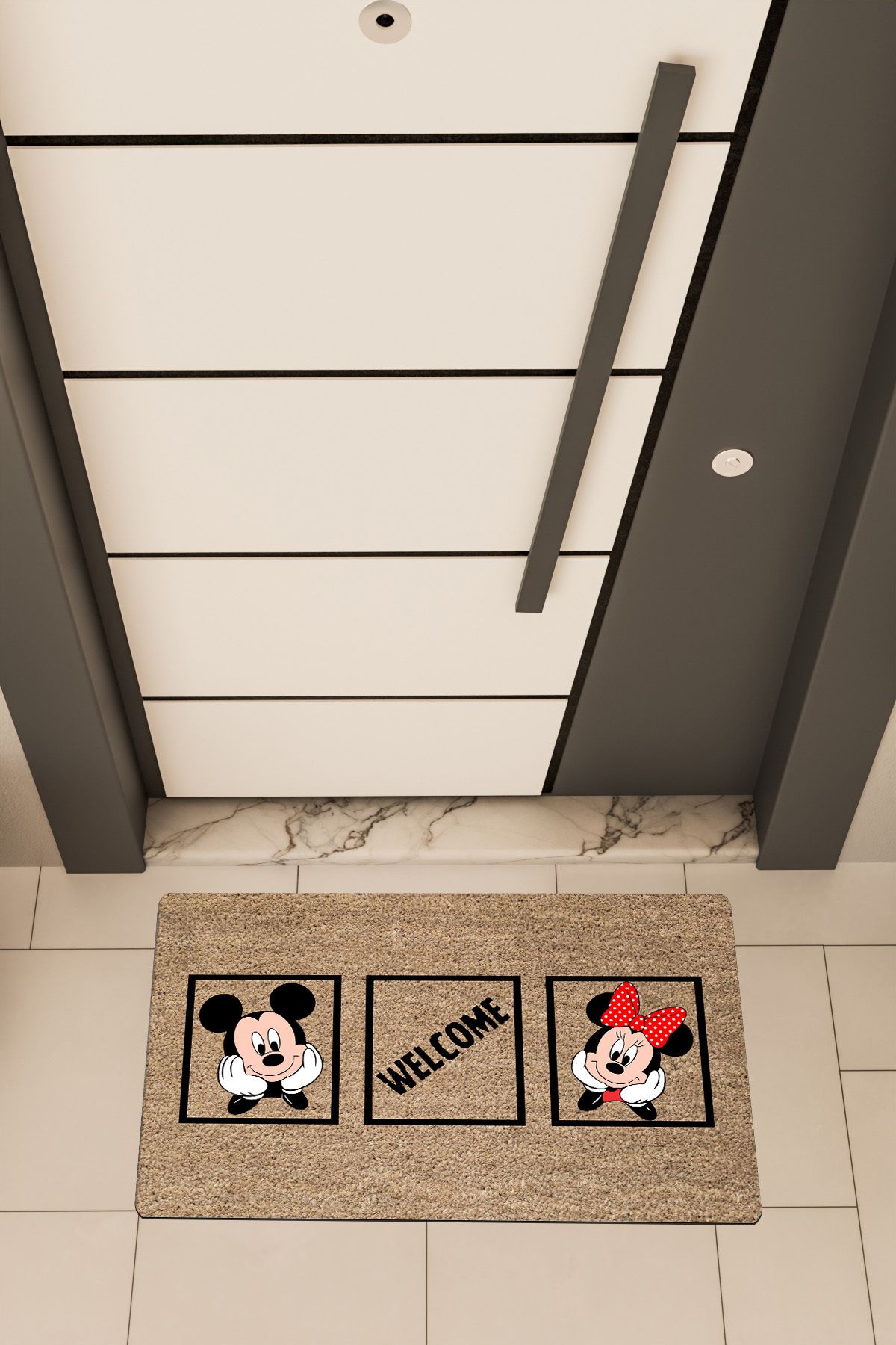 Dormot Home Yüksek Kaliteli Dijital Baskı Kahverengi, Miki,Minie Welcome temalı Kapı Önü Paspası