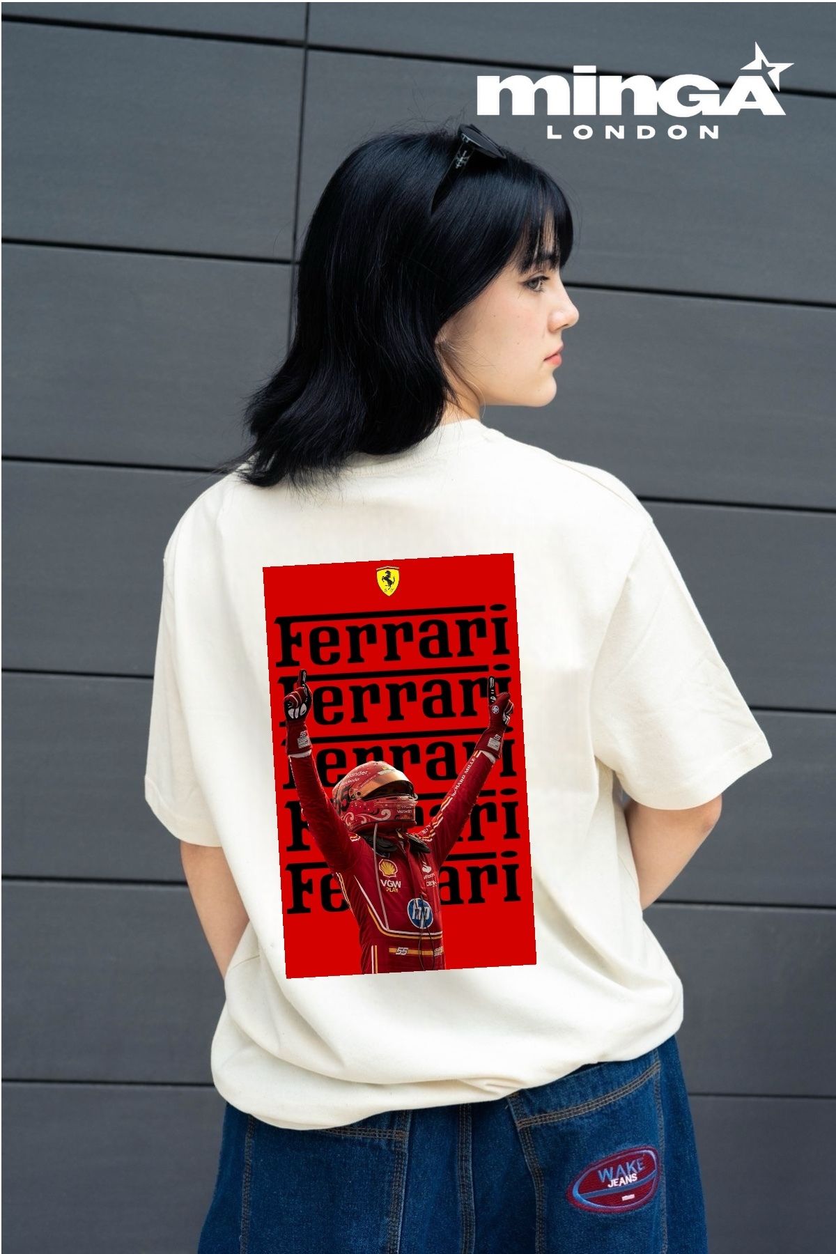 Minga London Racing Car Sport Baskılı Bej Oversize Tshirt- Minga London