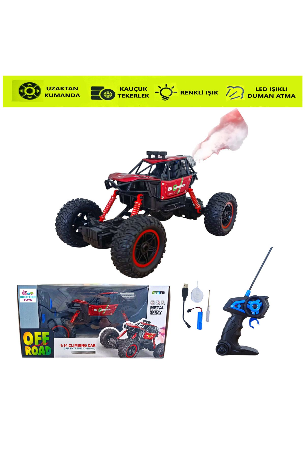 Brother Toys Duman Atan Uzaktan Kumandalı Şarjlı Full Fonksiyon Canavar Rock Crawler 26 Cm.