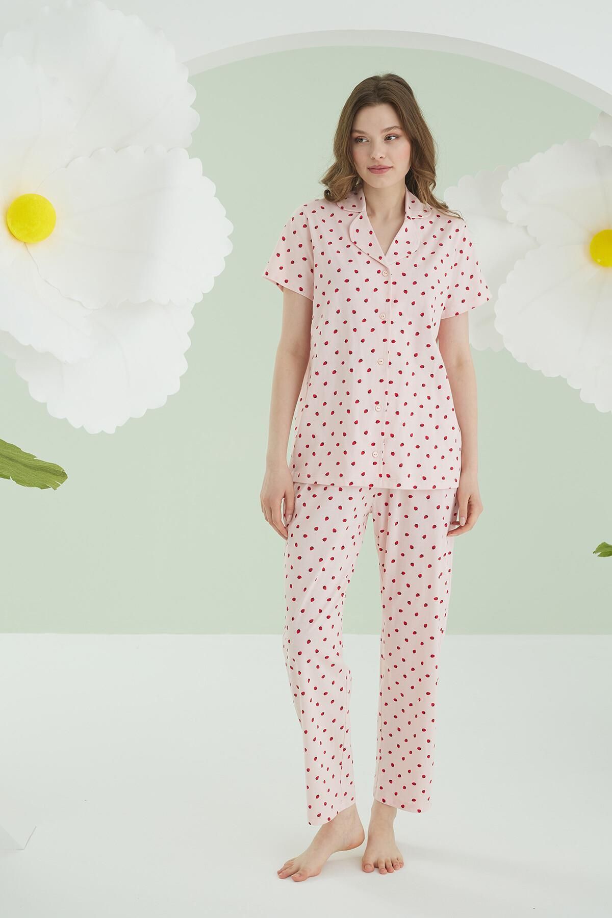 NBB %100 Pamuklu Pembe Çilekli Gömlek Pijama Takım