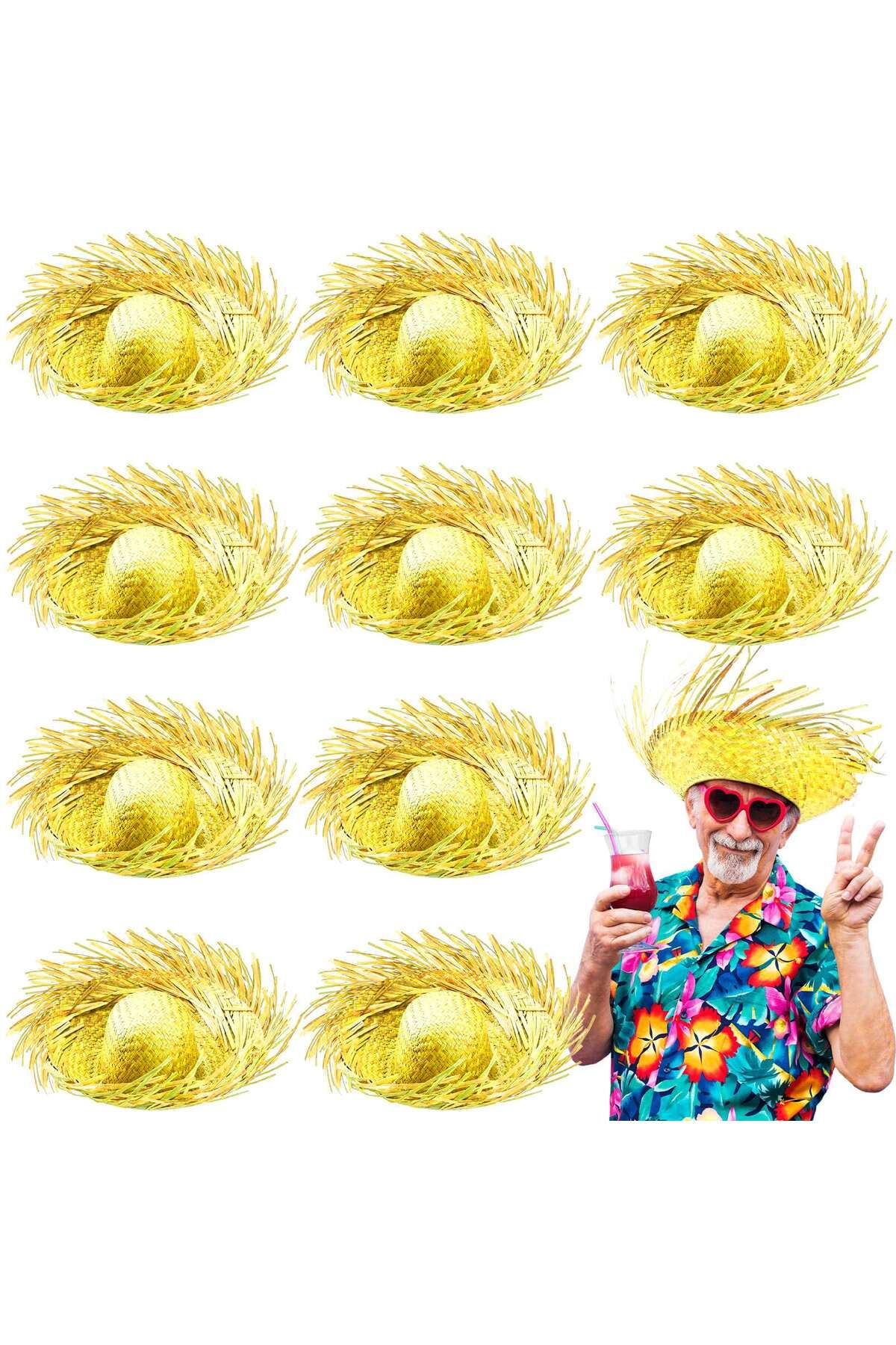 MR RZN STORE Tropikal Parti Sarı Hasır Hawaii Şapkası