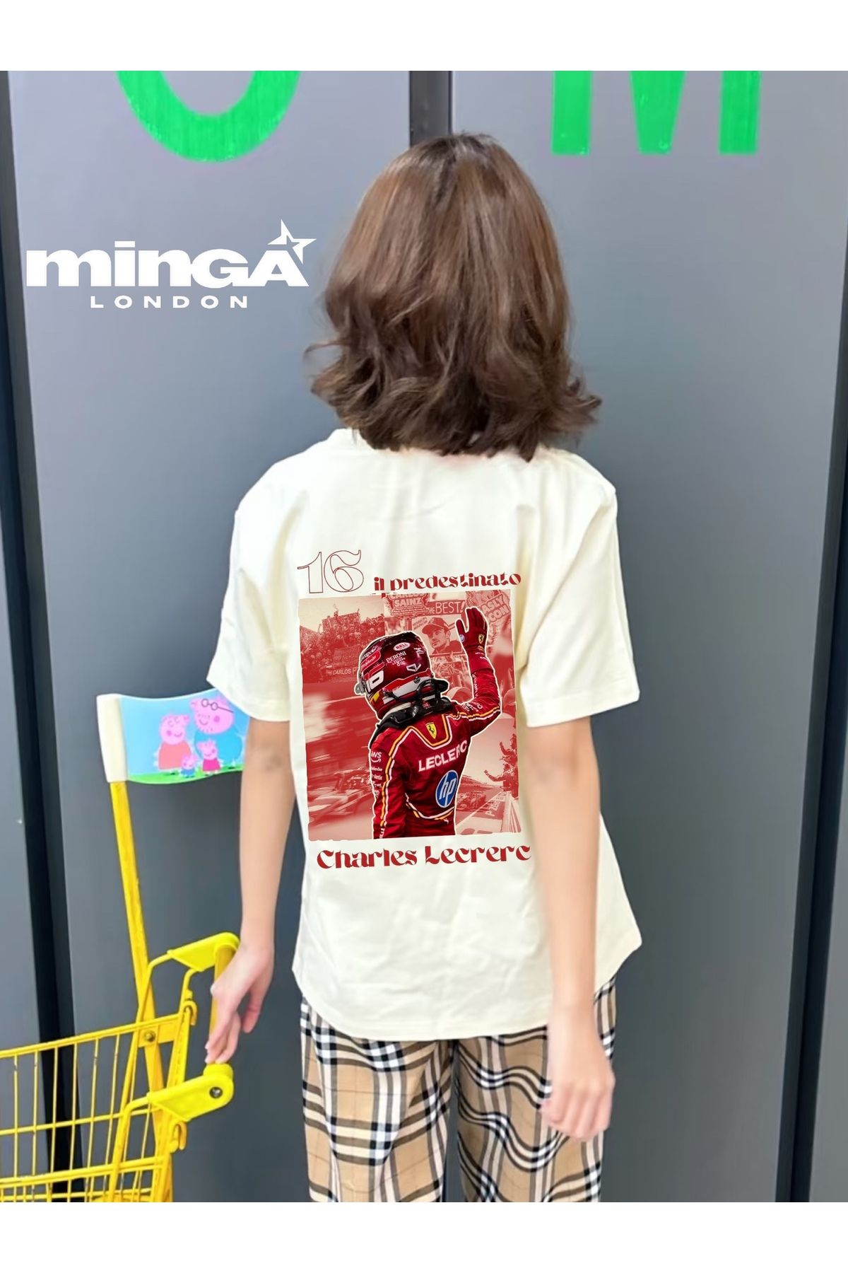 Minga London Charles Leclerc Baskılı Bej Oversize Tshirt- Minga London