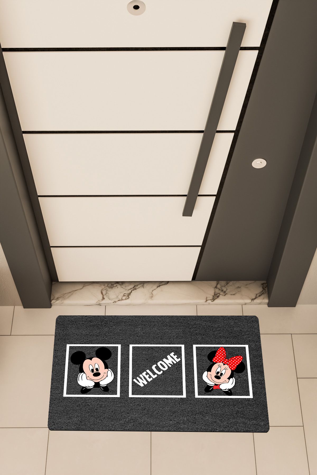 Dormot Home Yüksek Kaliteli Dijital Baskı Siyah, Miki,Minie Welcome temalı Kapı Önü Paspası