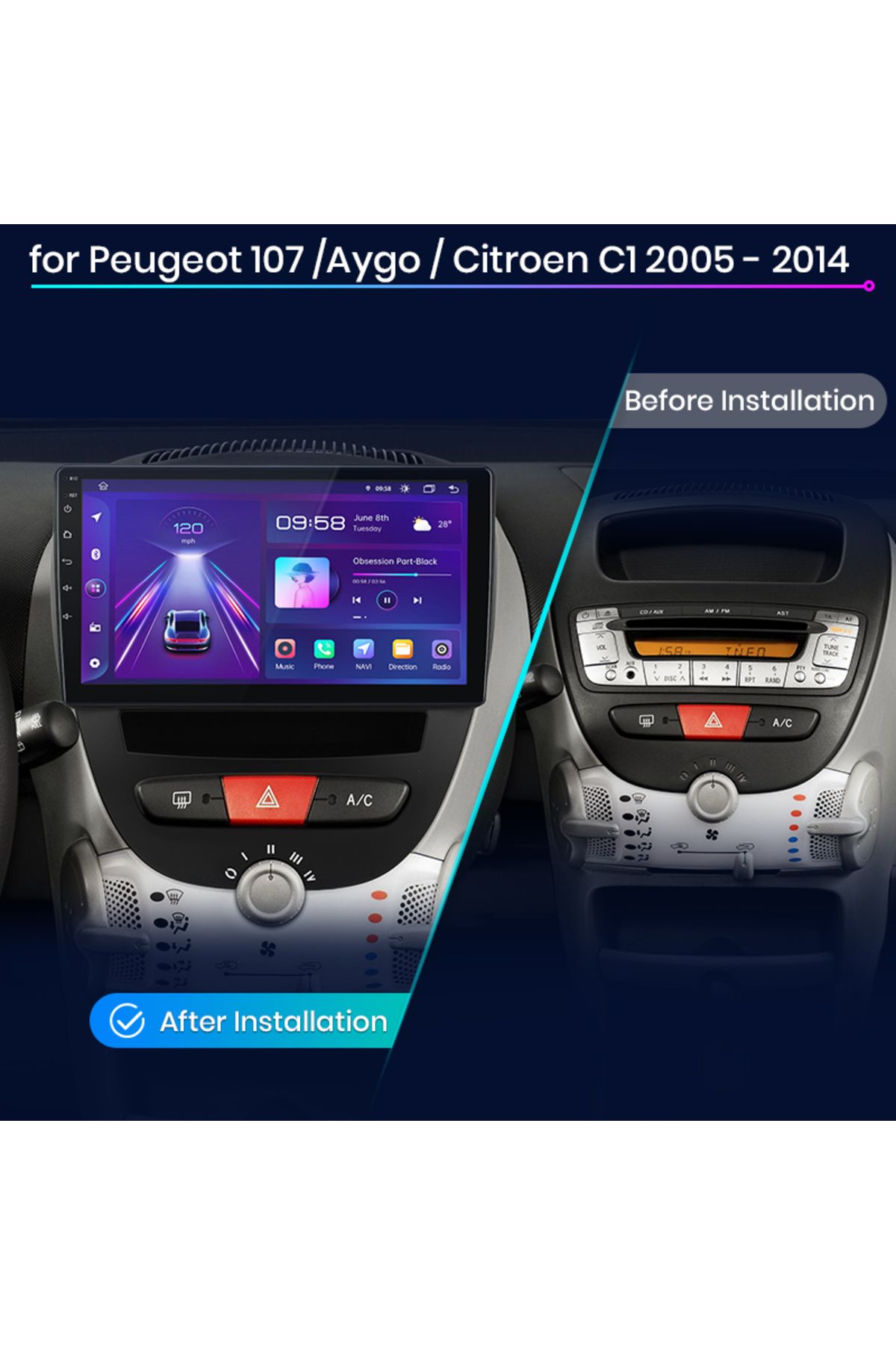 SOUNDCİTY CITROEN C1 2005-2014 MULTİMEDYA CARPLAY EKRAN SETİ 4 GB RAM 64 HAFIZALI uyumlu